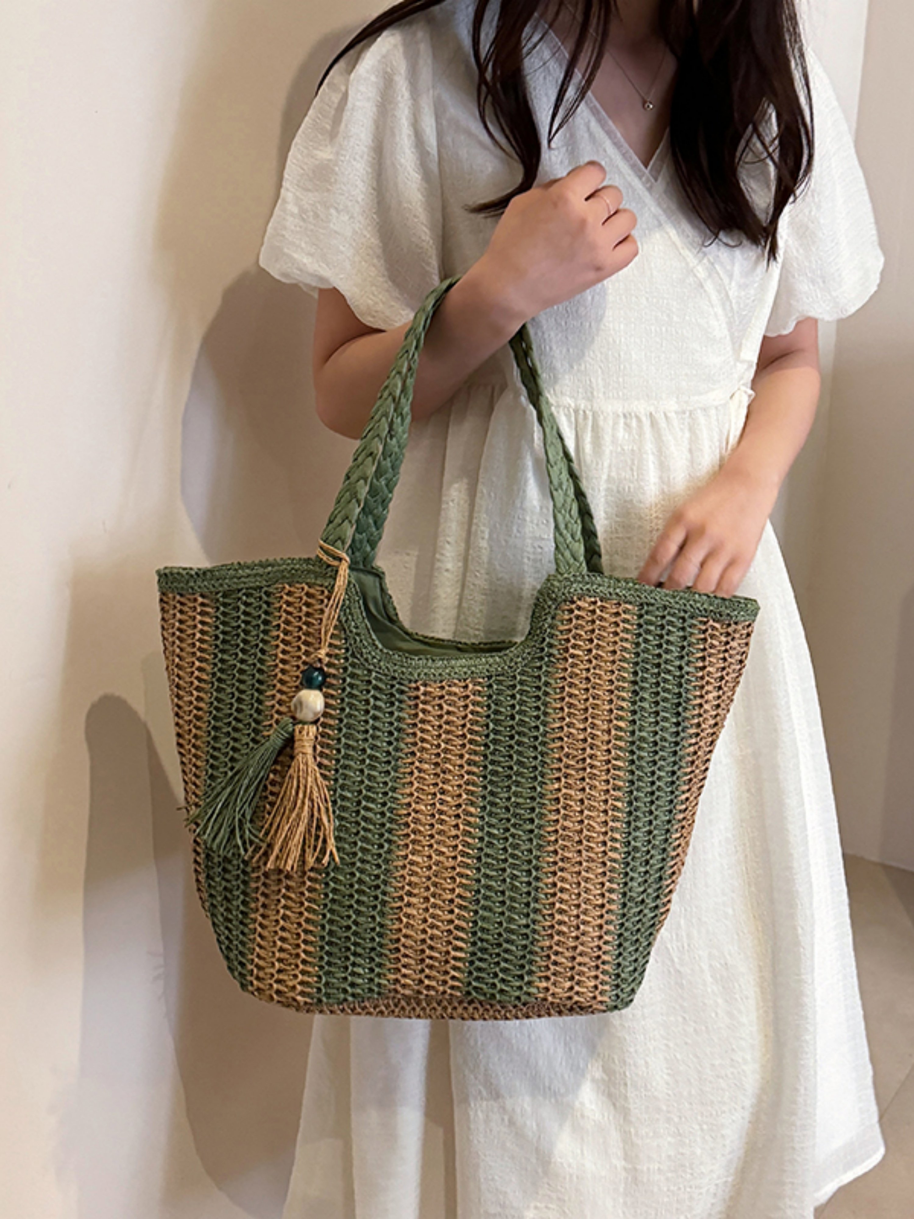 Green Woven Straw Shoulder Bag with Tassel Charm