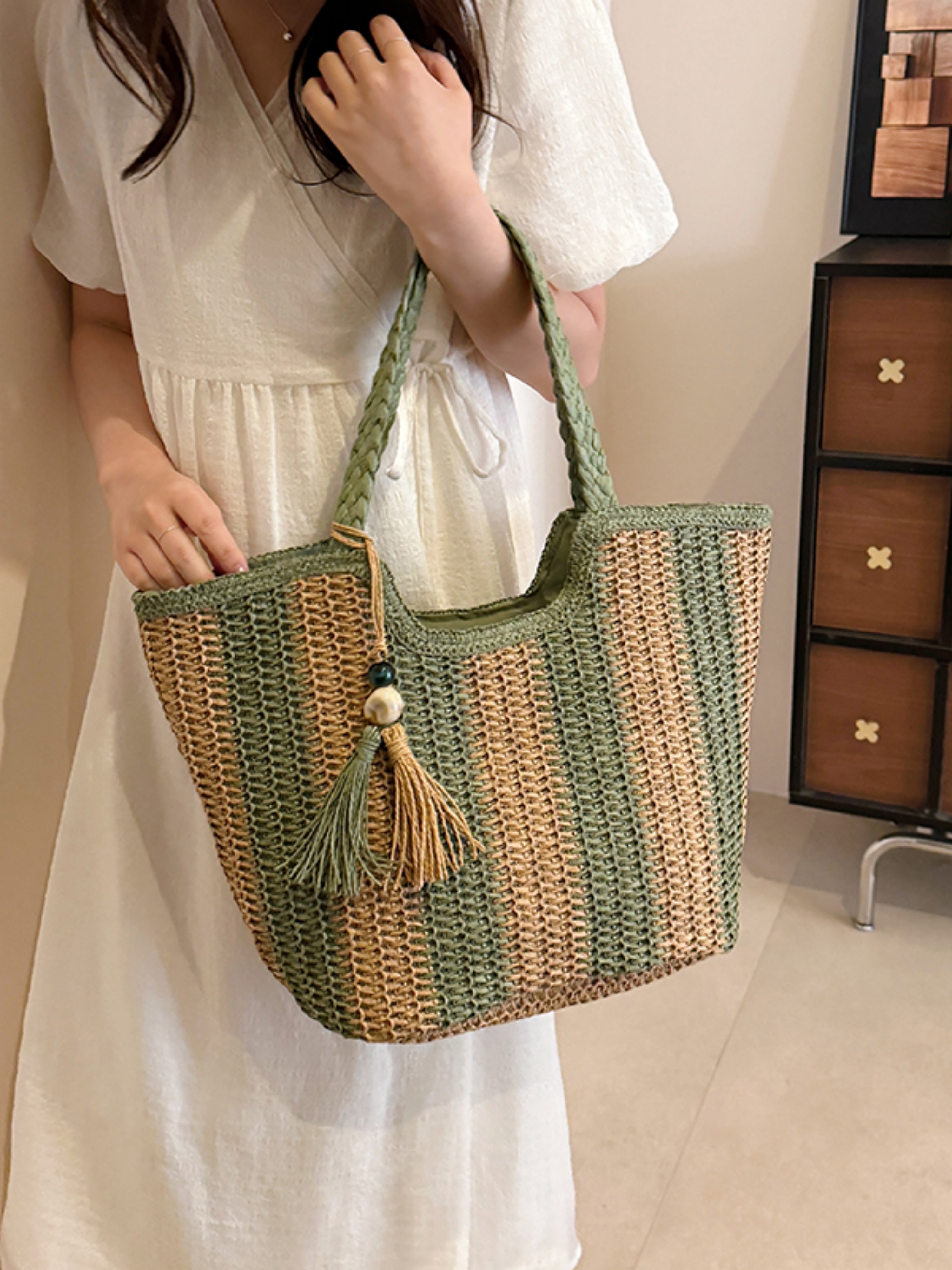 Green Woven Straw Shoulder Bag with Tassel Charm