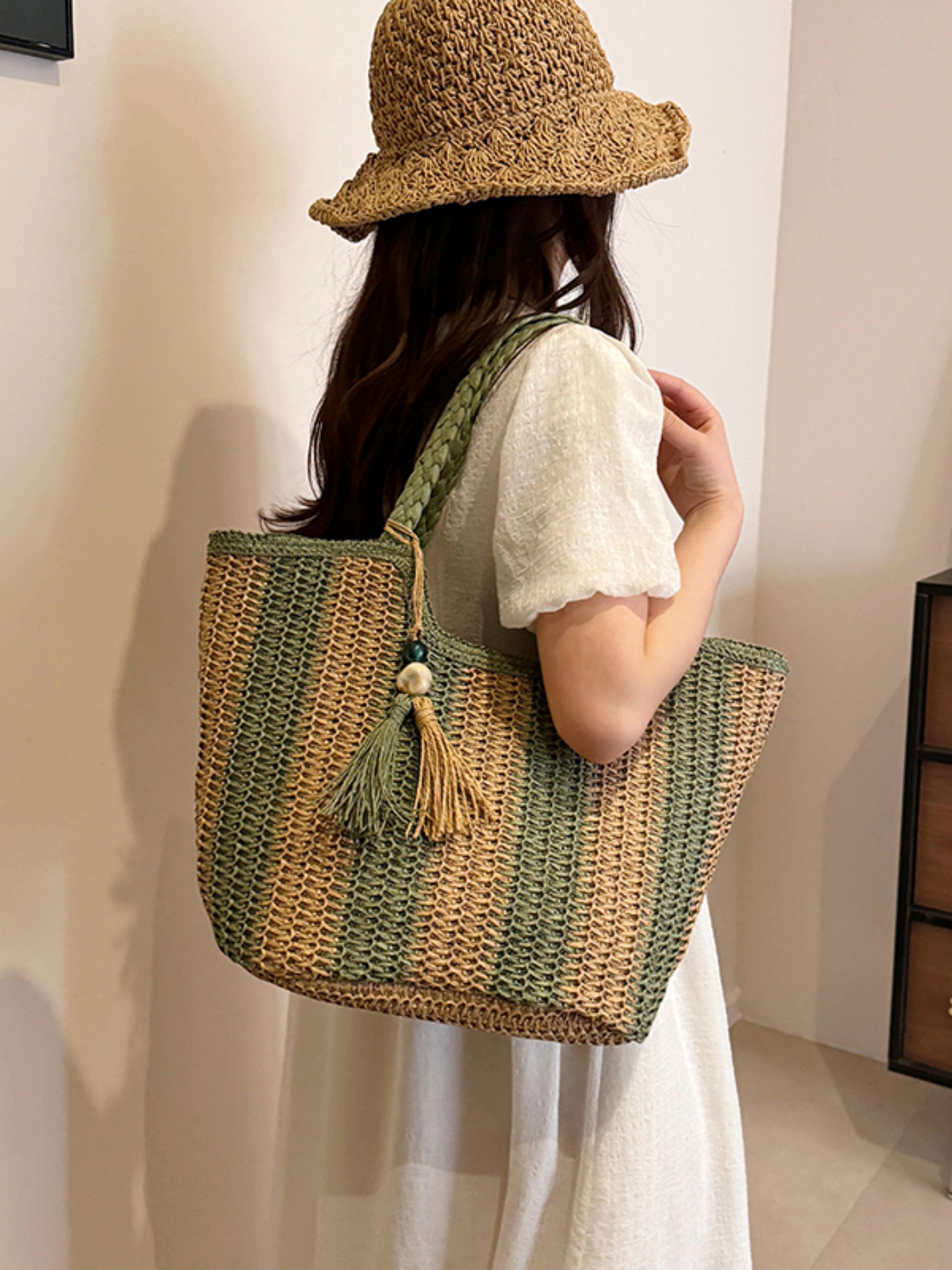 Green Woven Straw Shoulder Bag with Tassel Charm