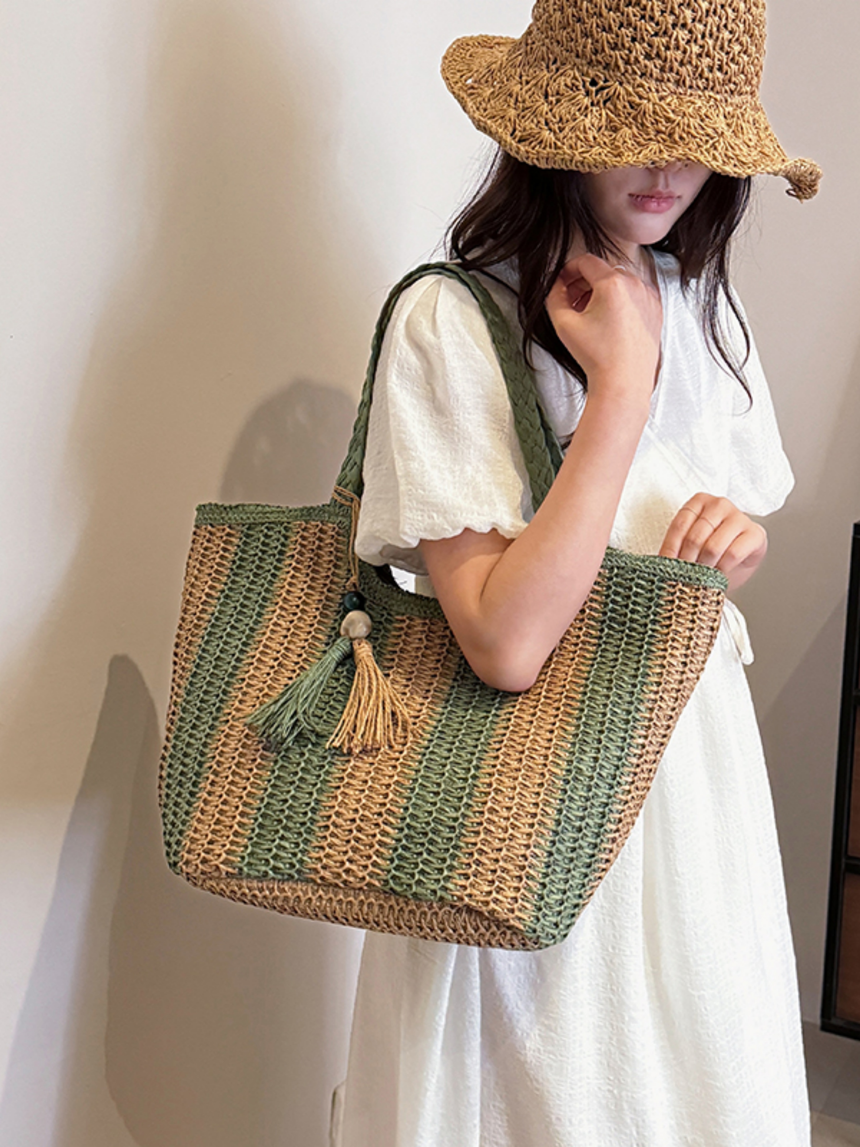 Green Woven Straw Shoulder Bag with Tassel Charm
