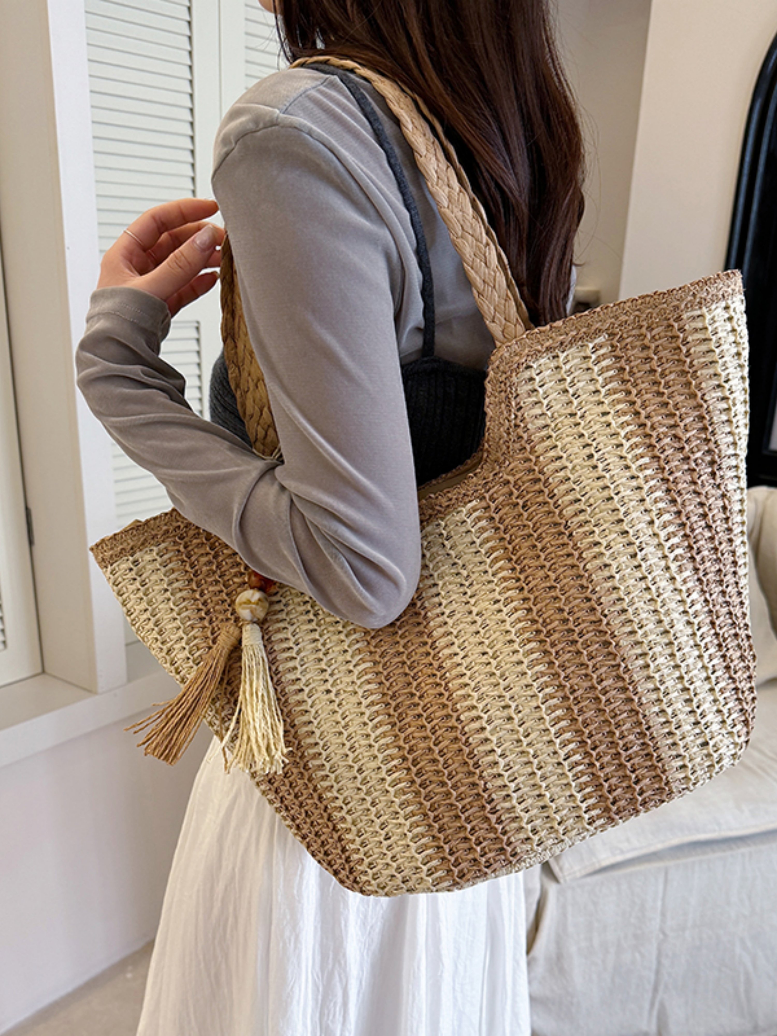 Khaki Woven Straw Shoulder Bag with Tassel Charm