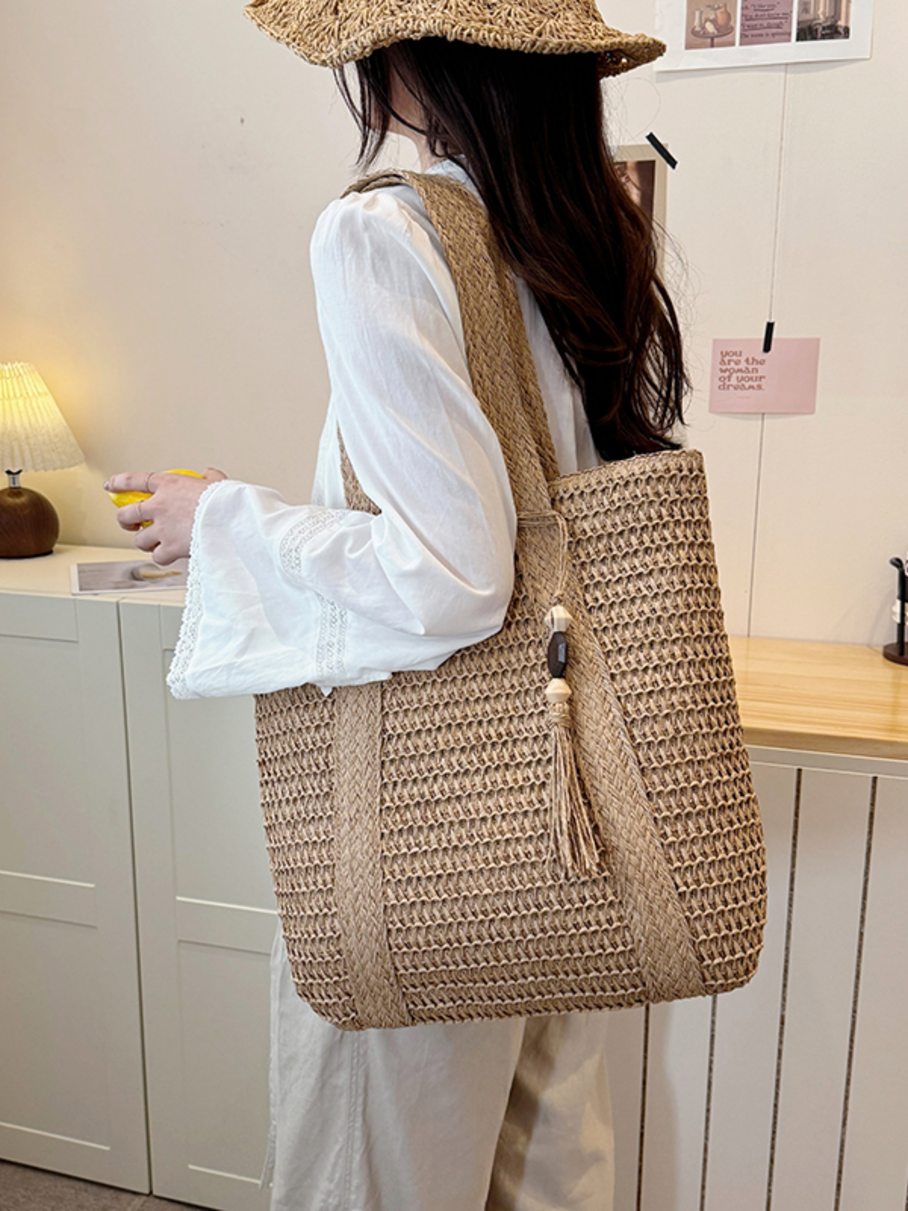 Khaki Straw Weave Shoulder Bag with Tassel Charm