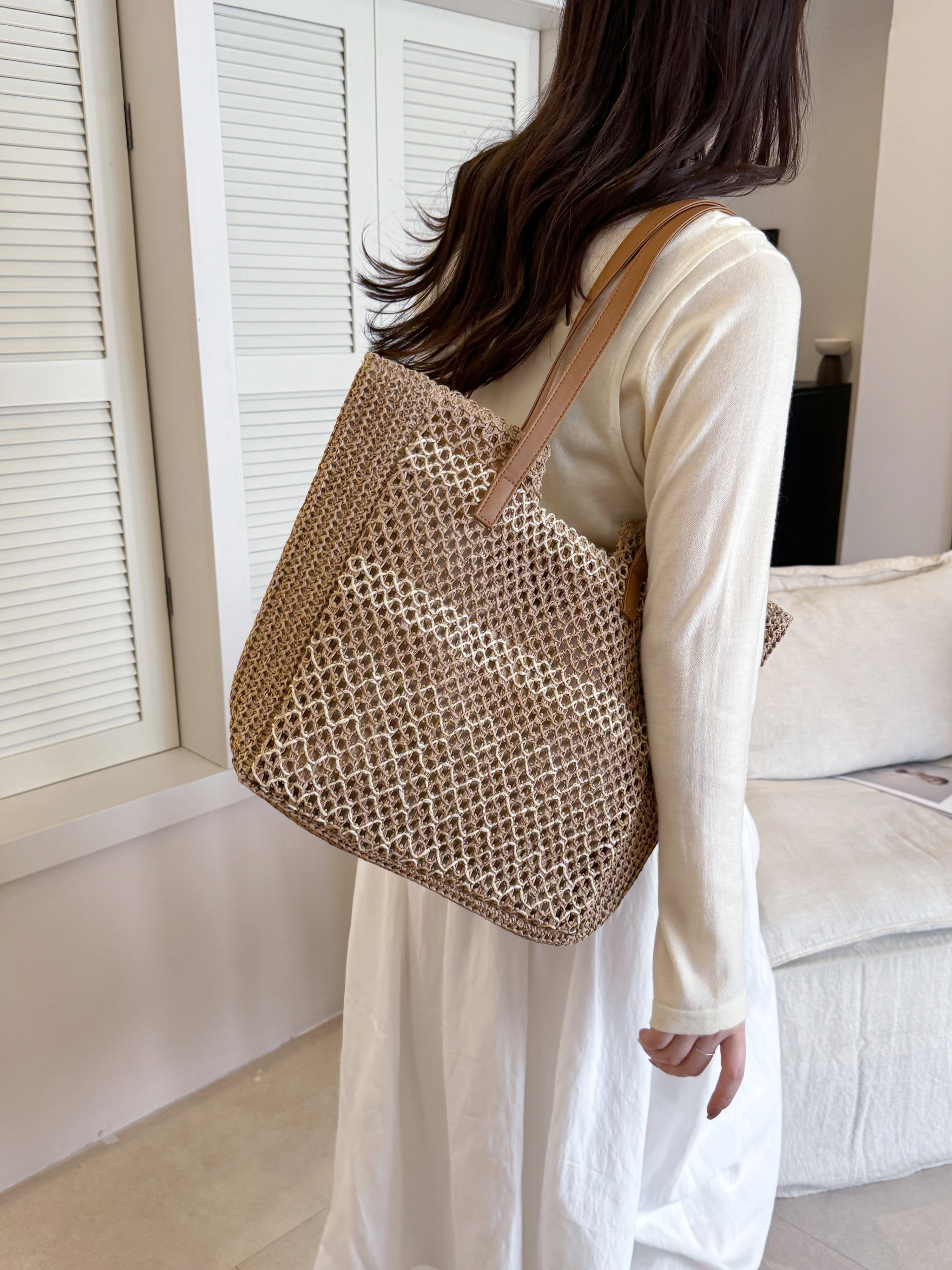 Khaki Woven Straw Shoulder Bag