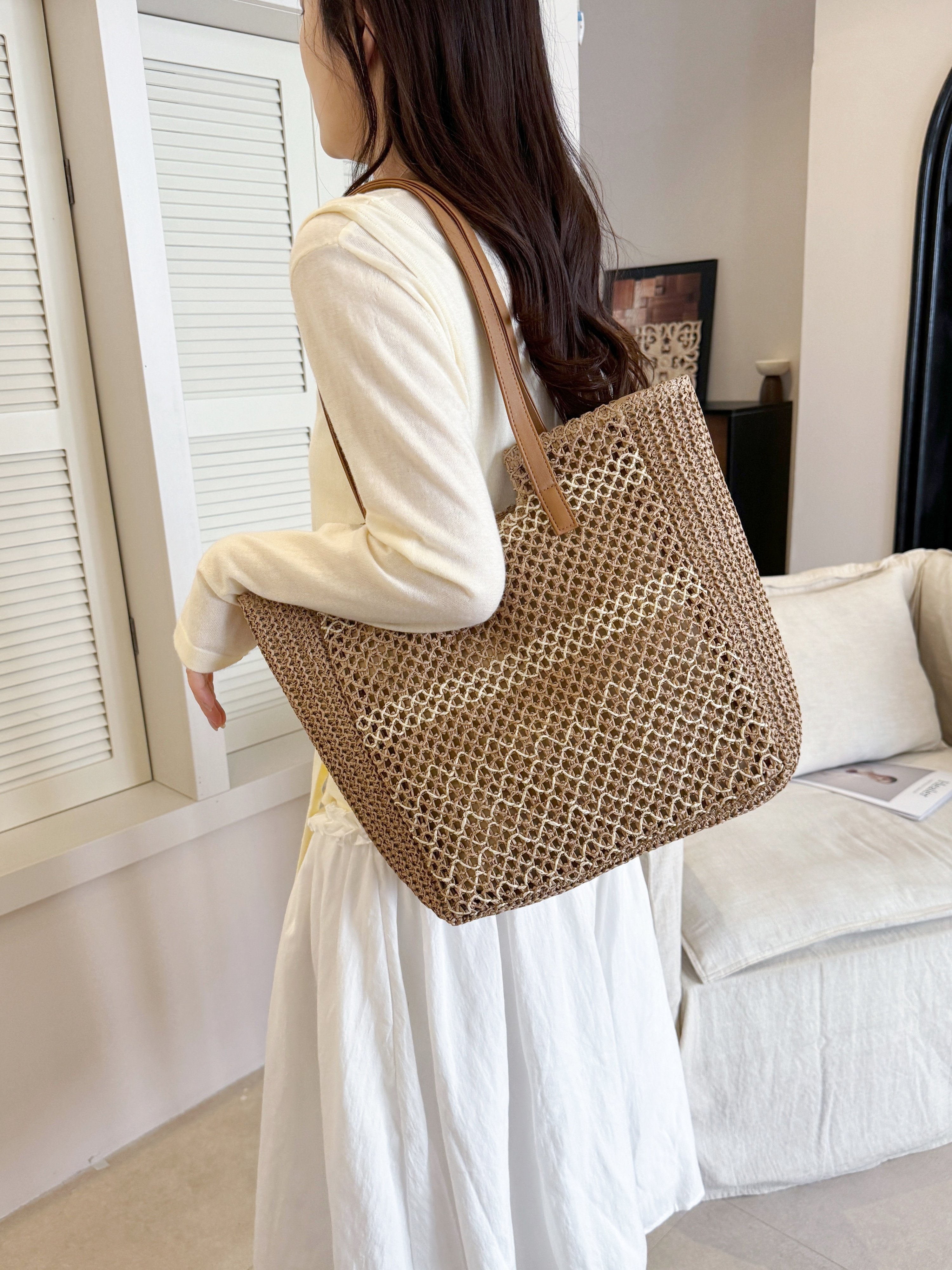 Khaki Woven Straw Shoulder Bag