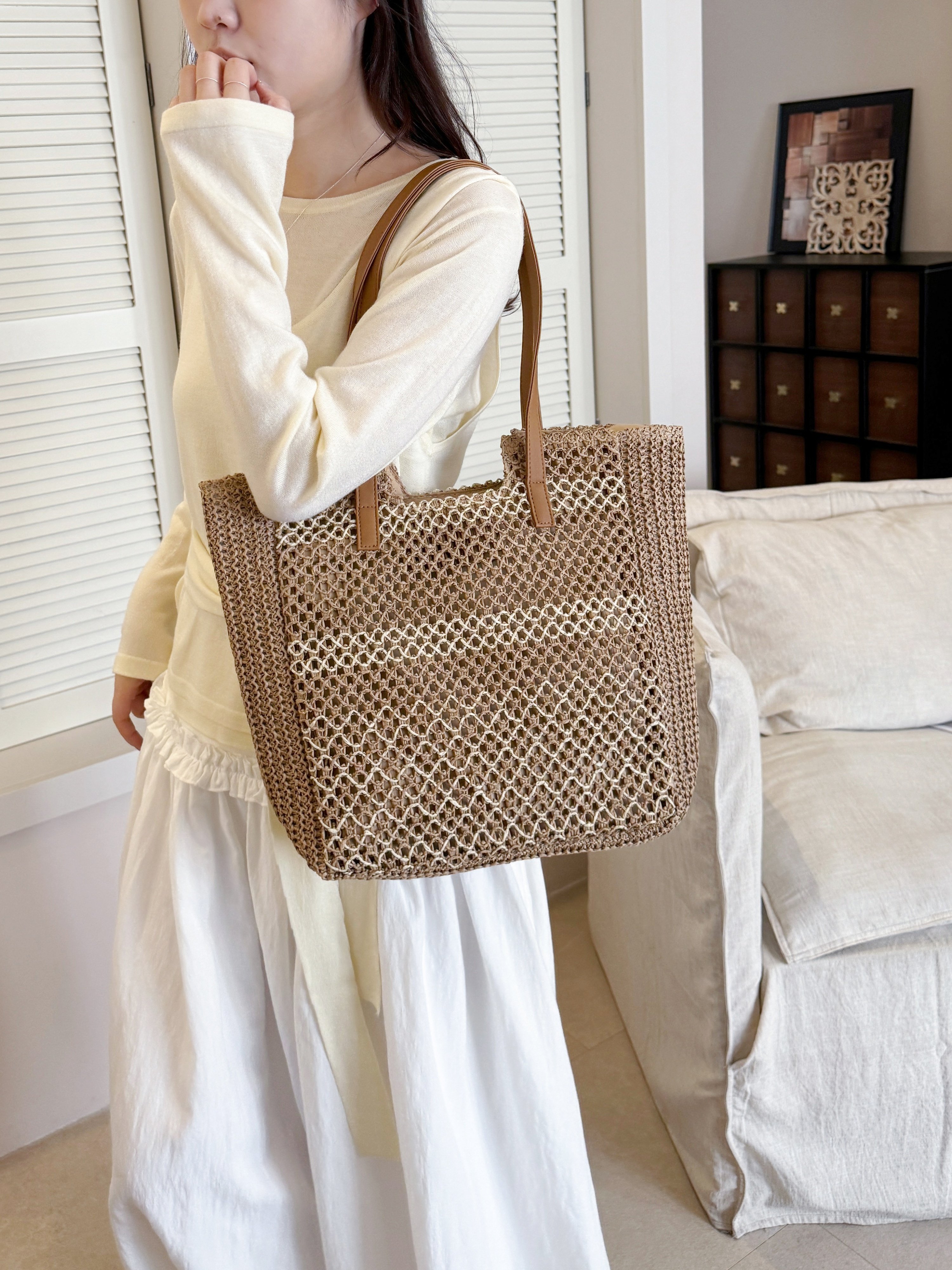 Khaki Woven Straw Shoulder Bag