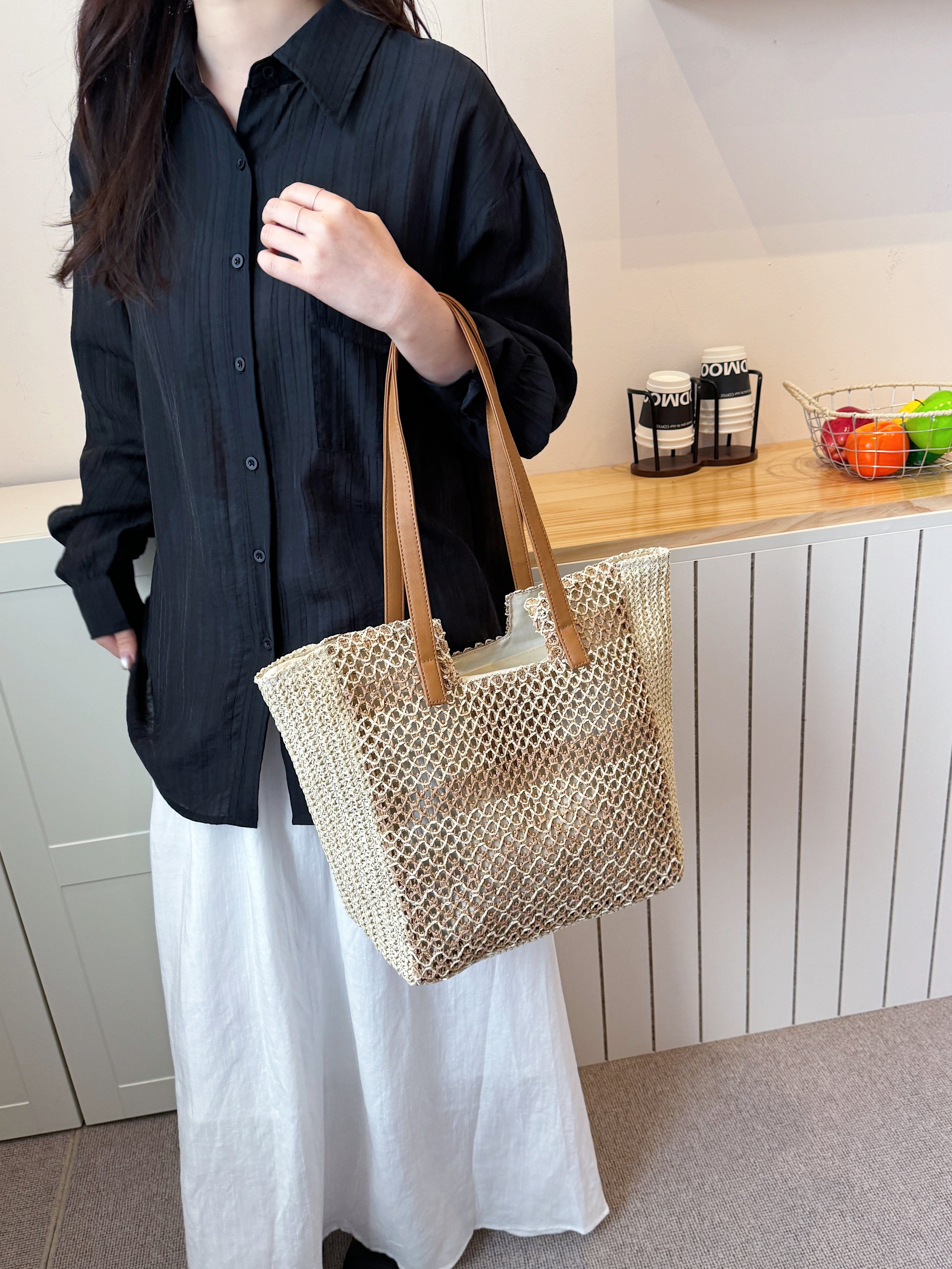 Off-White Woven Straw Effect Shoulder Bag