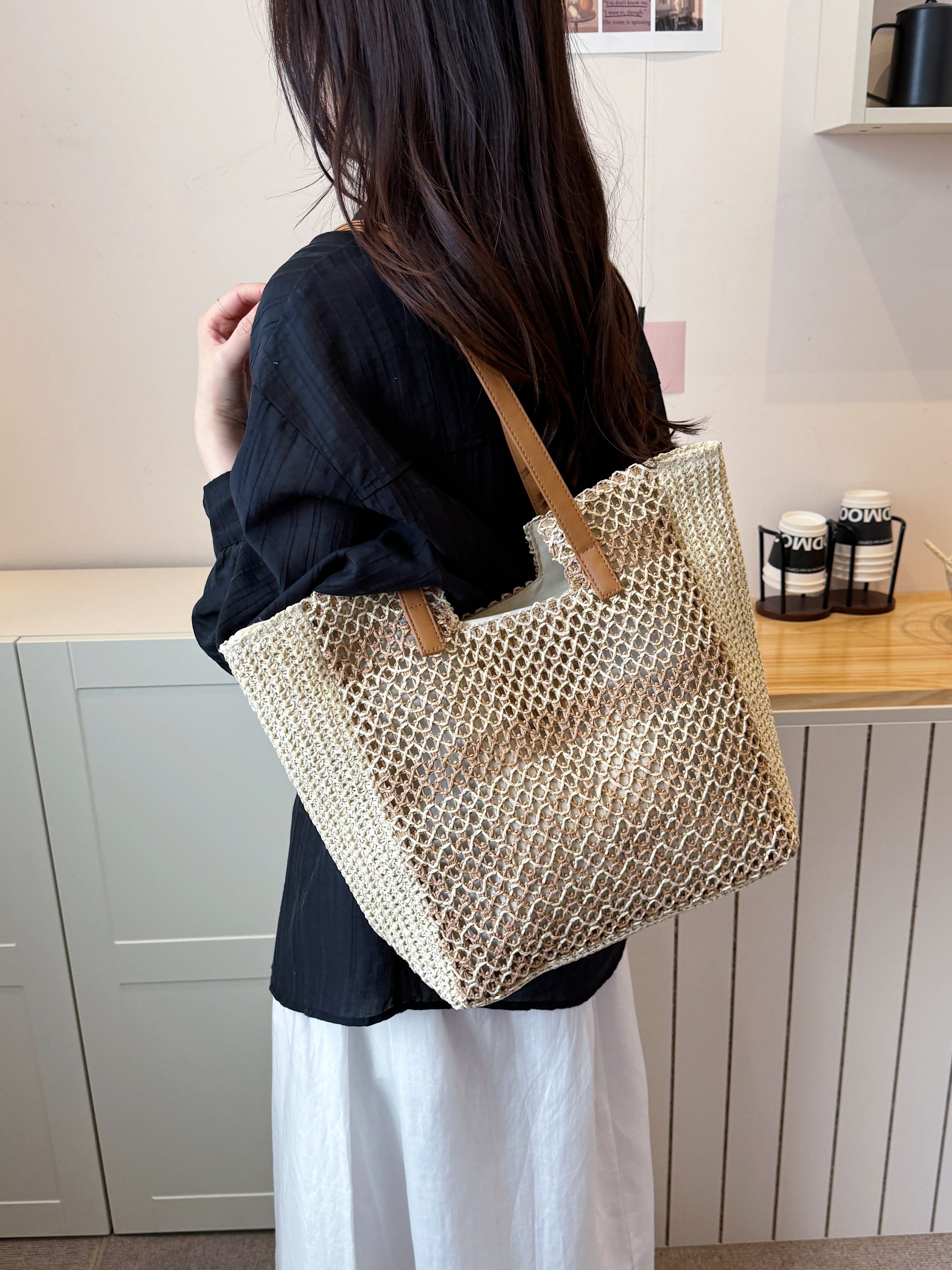 Off-White Woven Straw Effect Shoulder Bag