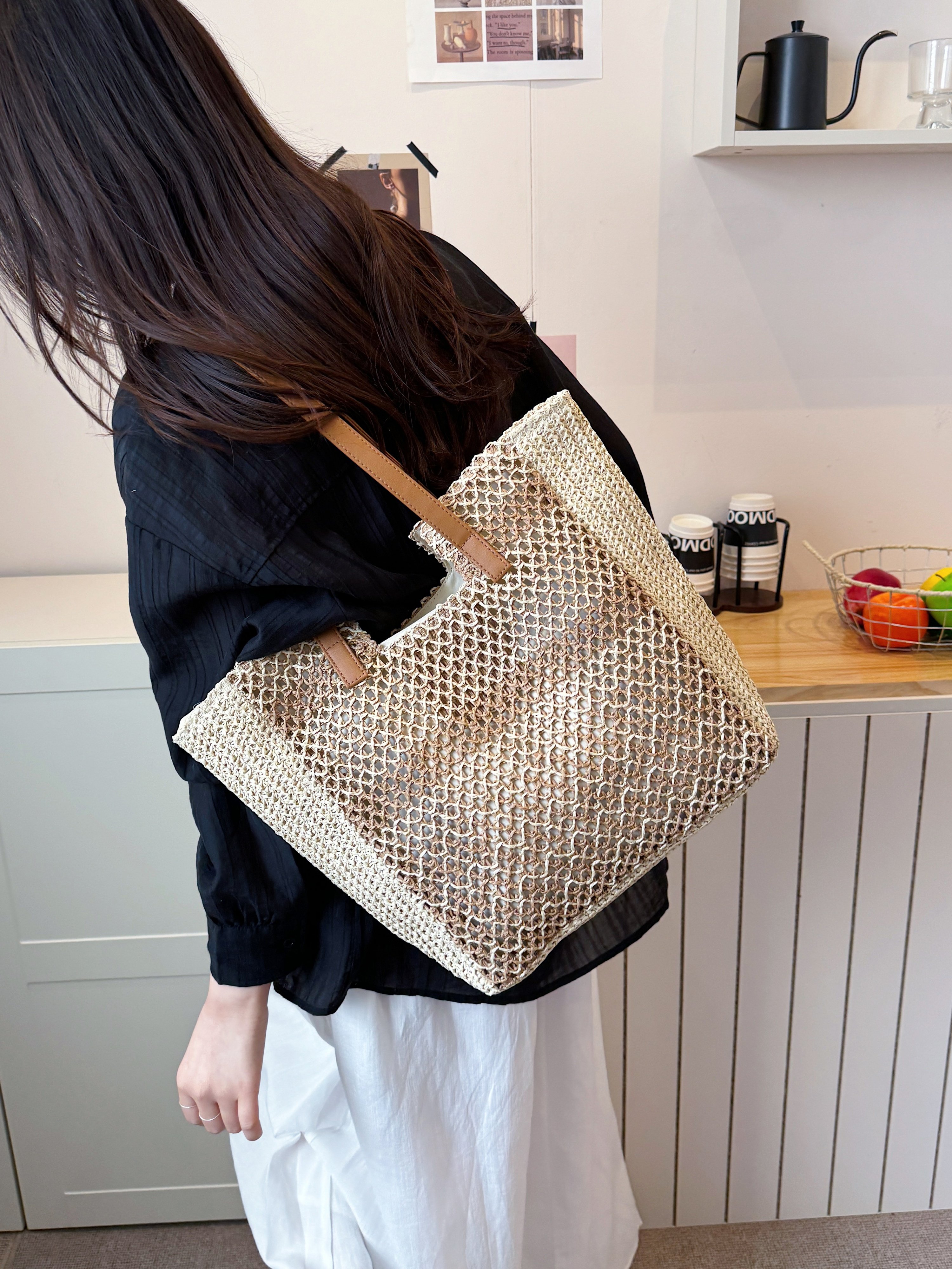 Off-White Woven Straw Effect Shoulder Bag