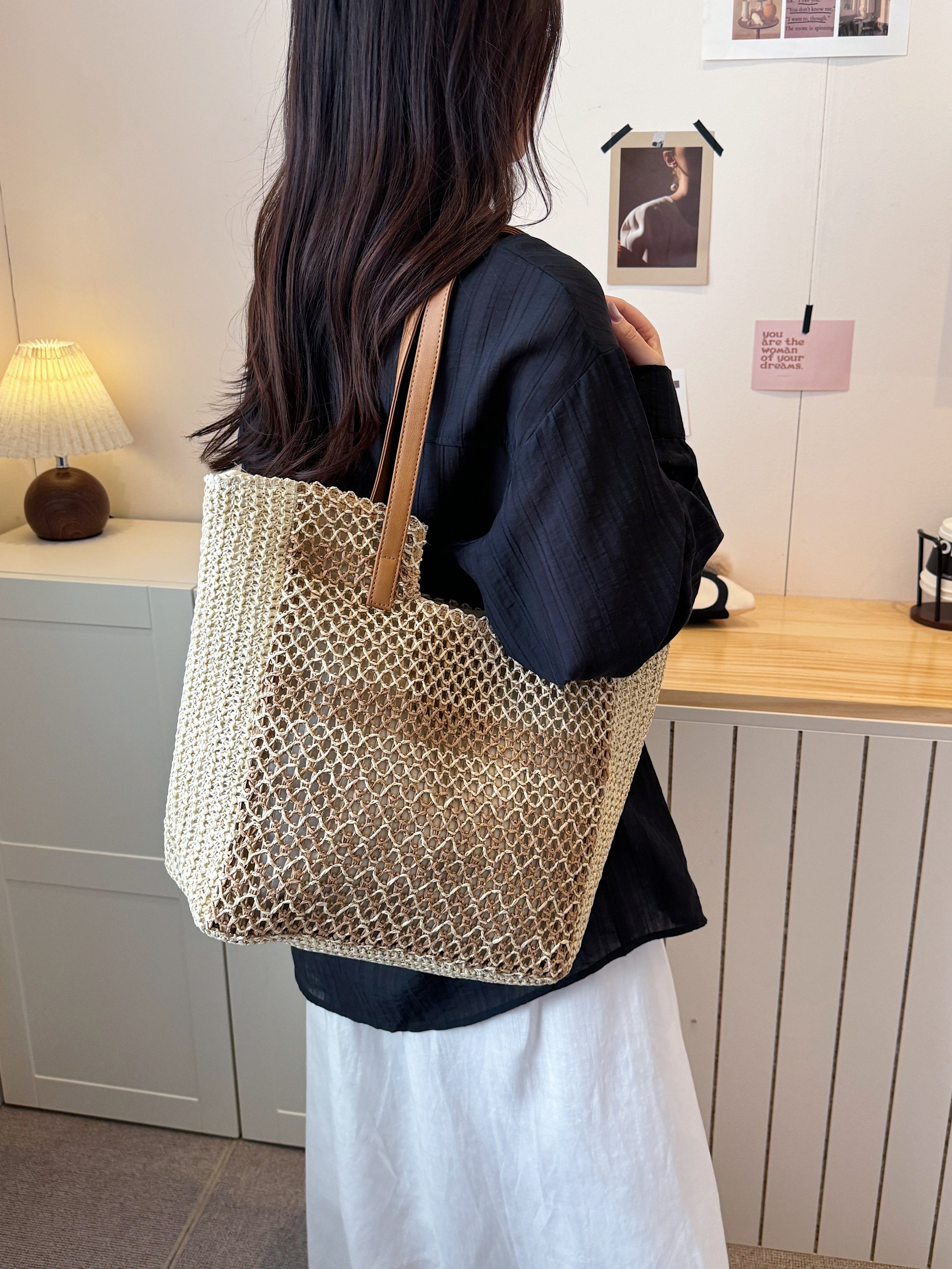 Off-White Woven Straw Effect Shoulder Bag