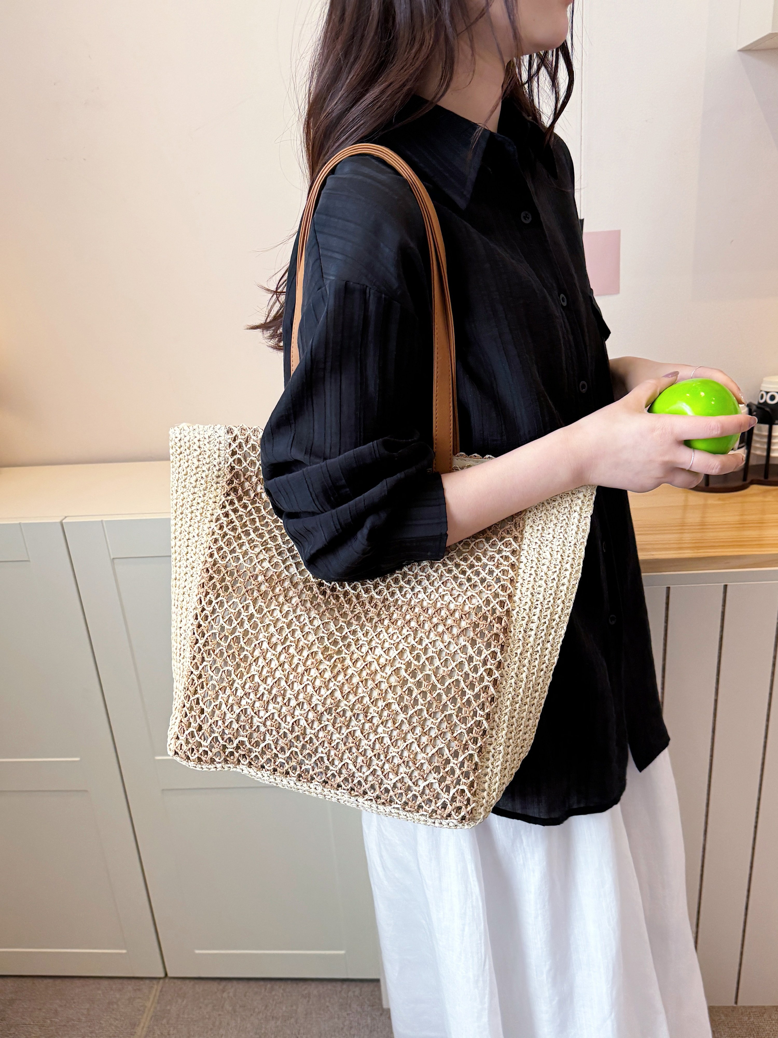 Off-White Woven Straw Effect Shoulder Bag