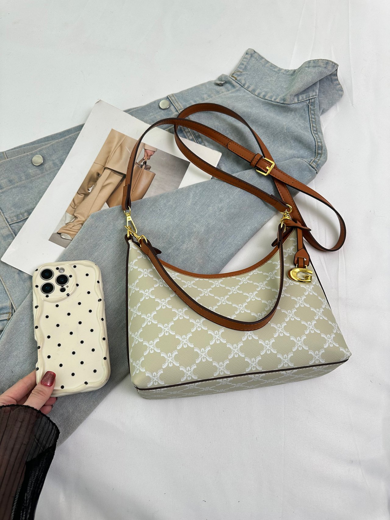 Beige Patterned Crossbody Bag