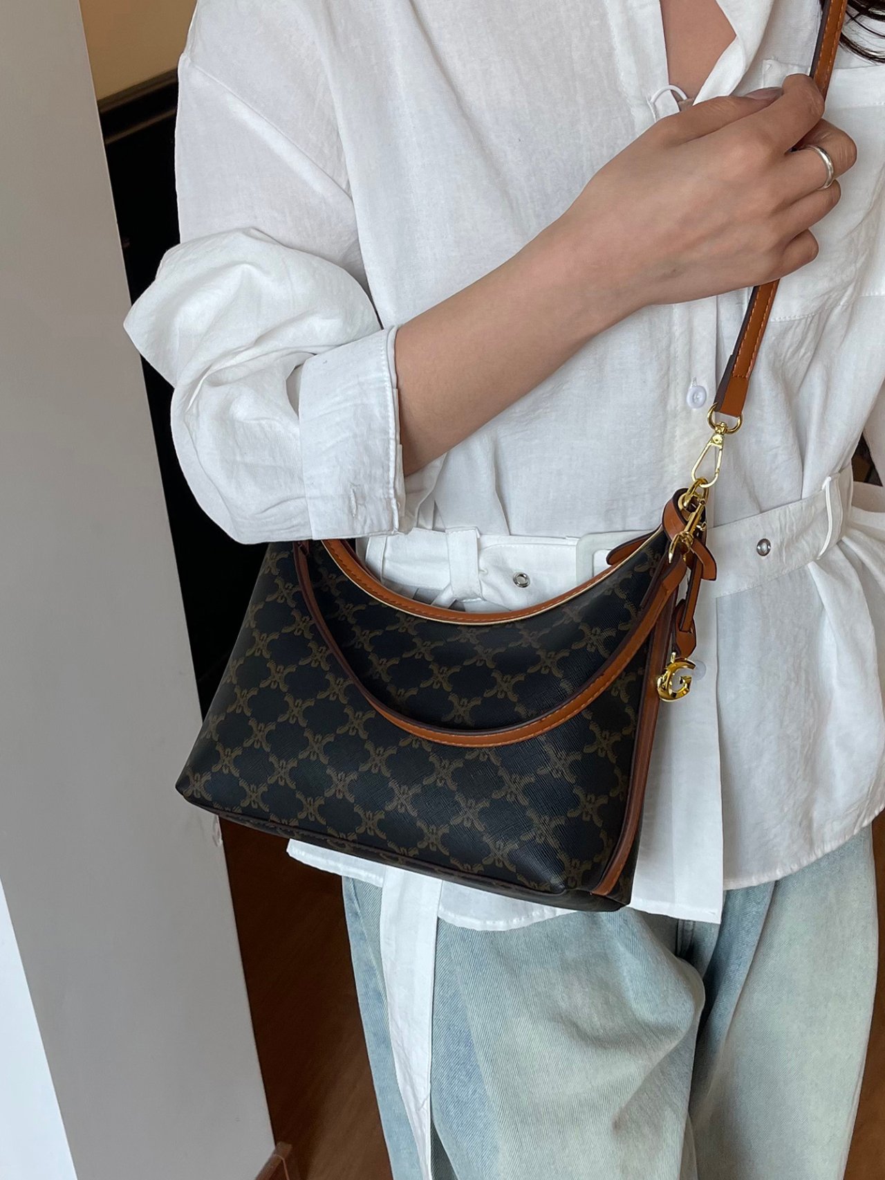 Coffee Brown Monogram Crossbody Bag