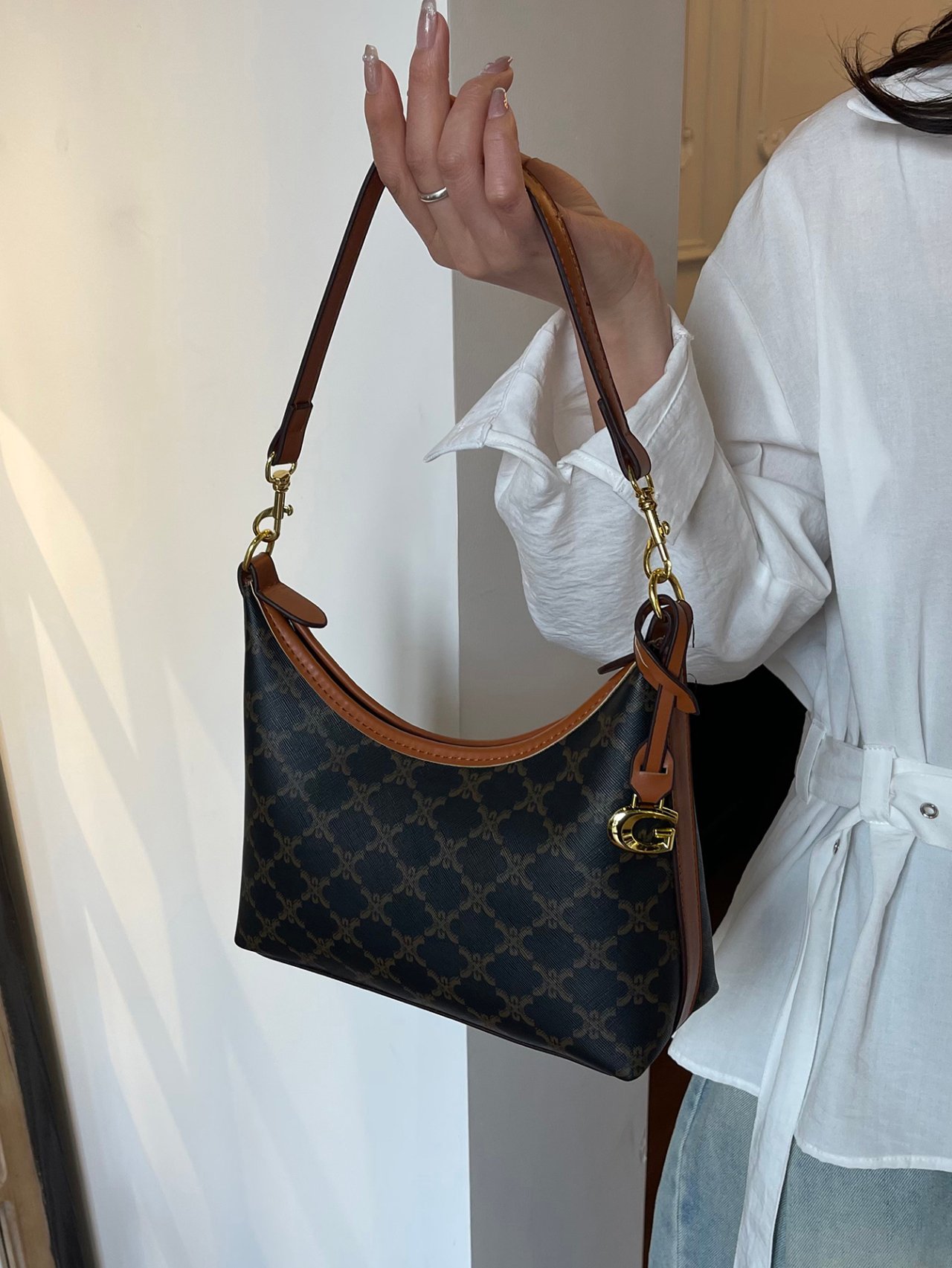 Coffee Brown Monogram Crossbody Bag