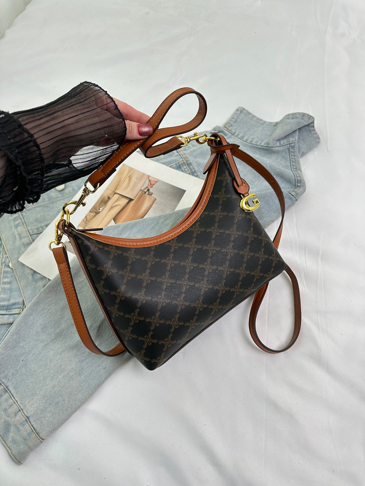 Coffee Brown Monogram Crossbody Bag