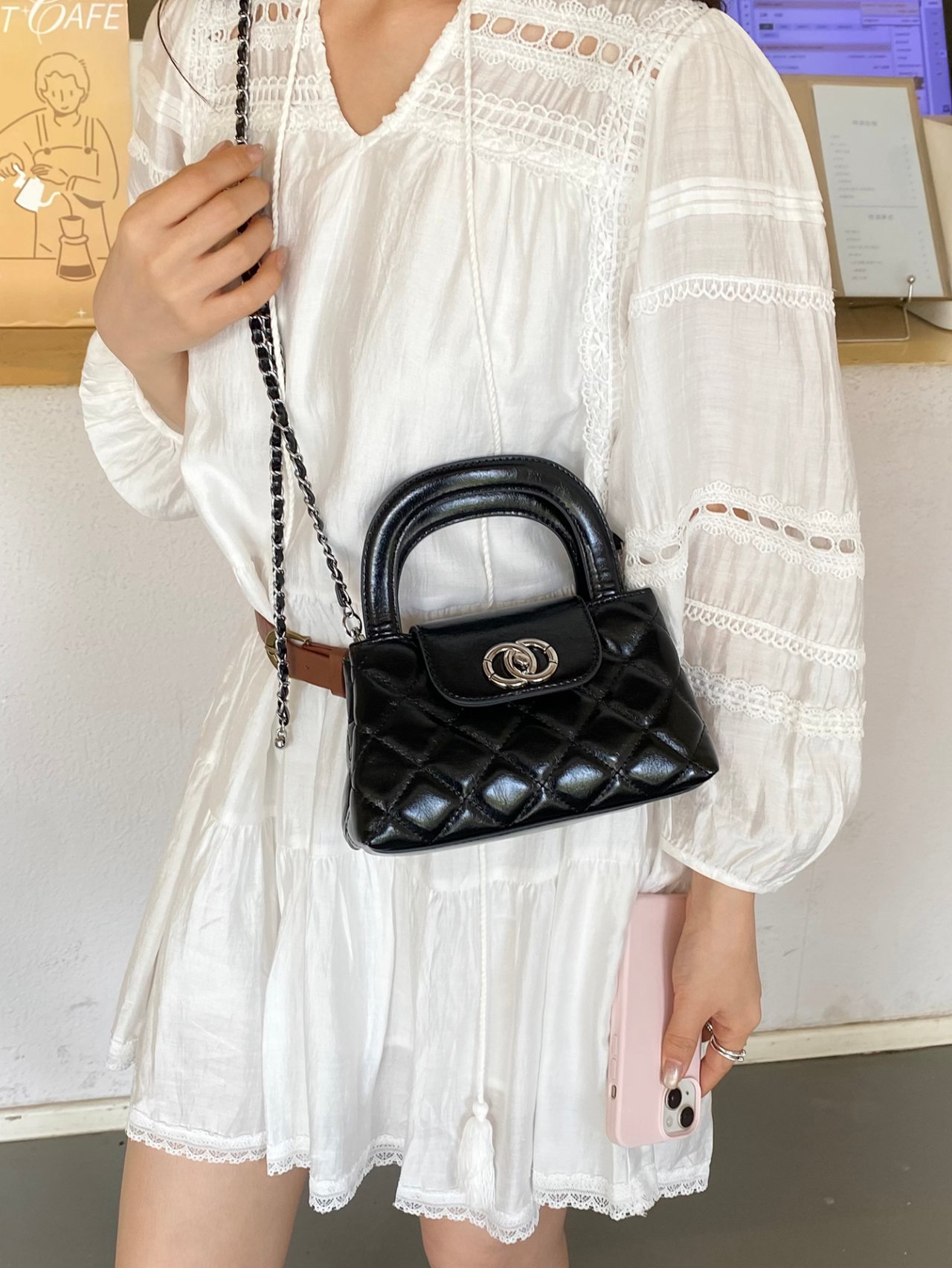 Black Quilted Mini Crossbody Bag with Chain Strap