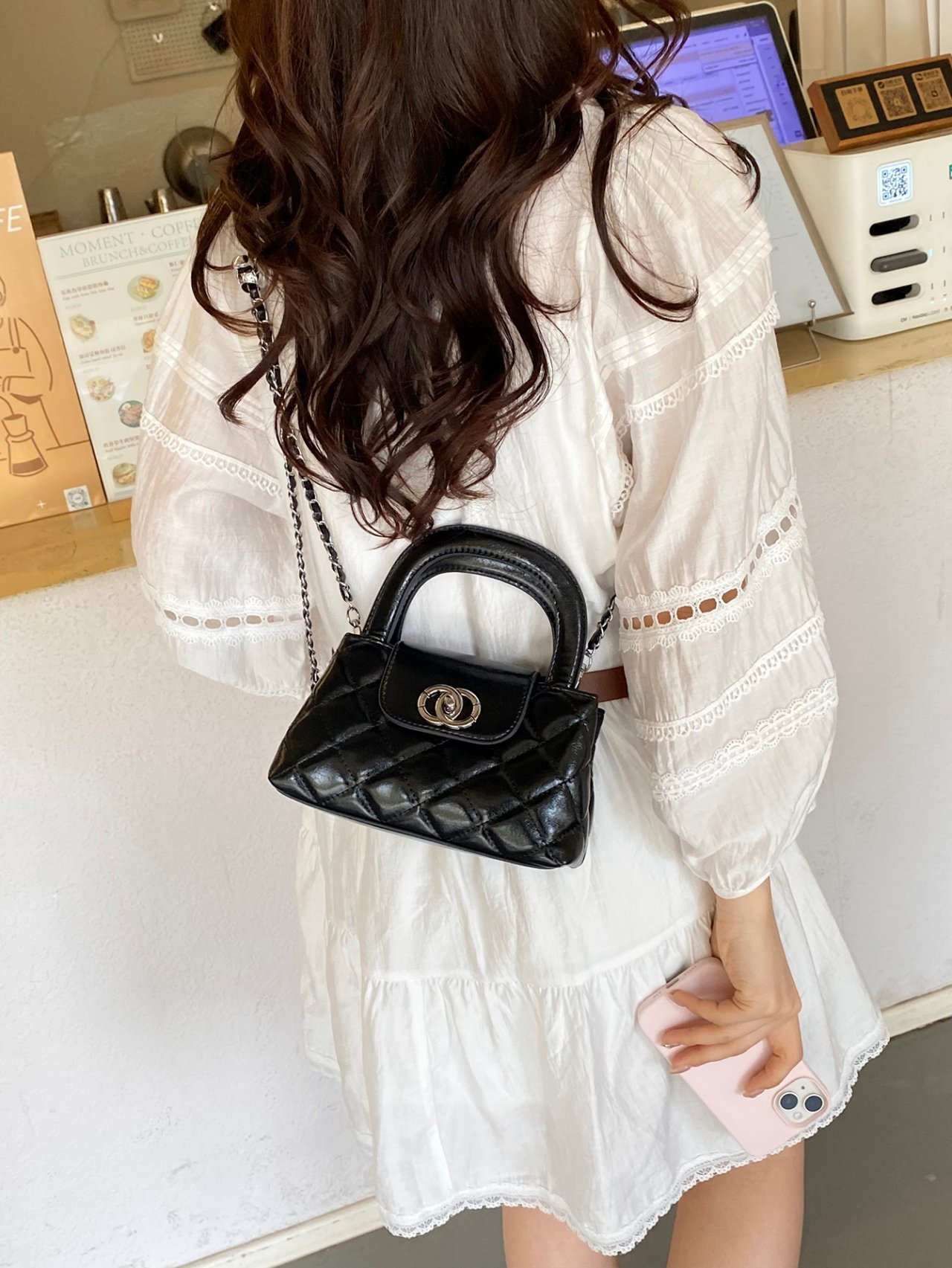 Black Quilted Mini Crossbody Bag with Chain Strap