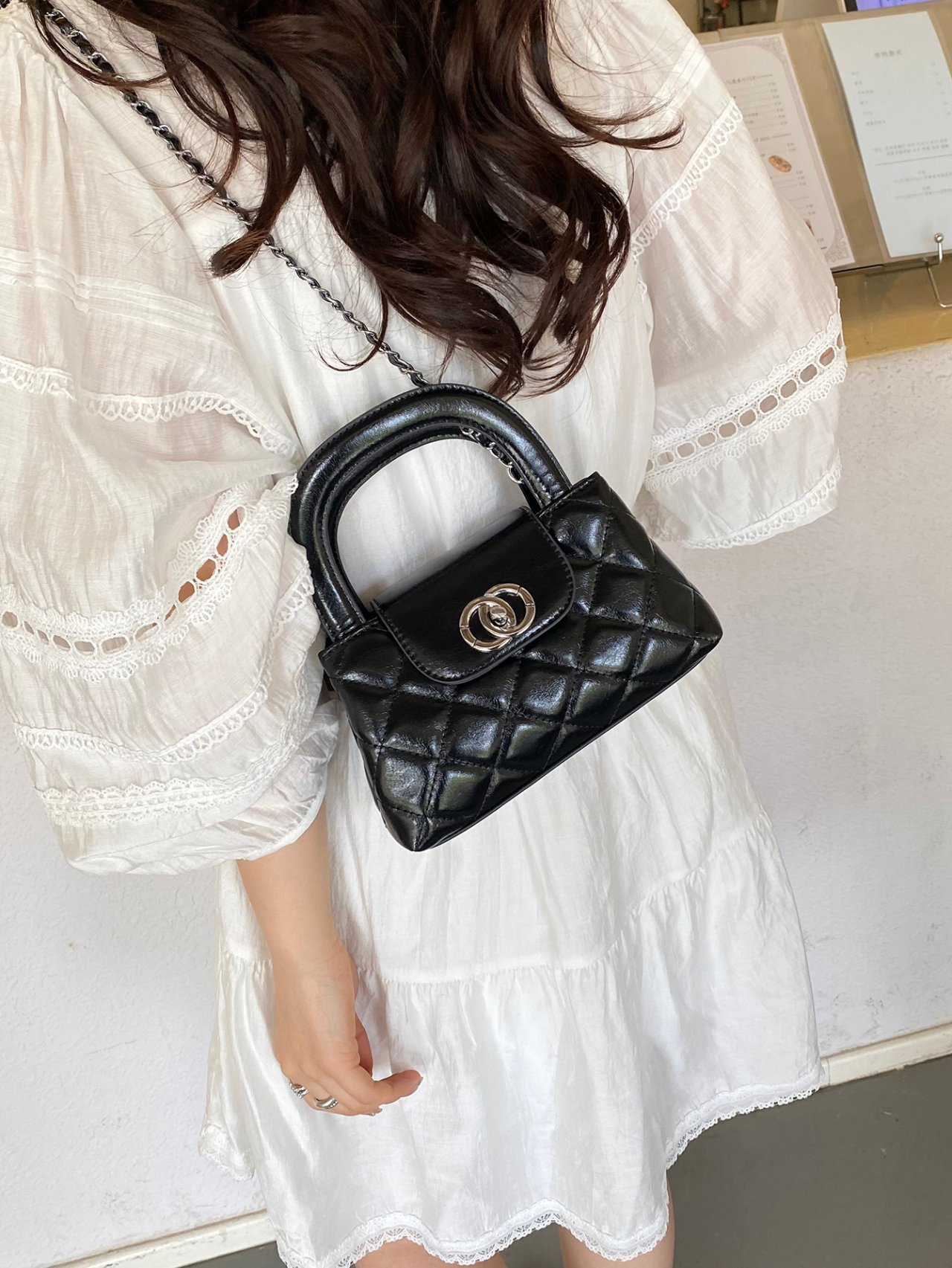 Black Quilted Mini Crossbody Bag with Chain Strap