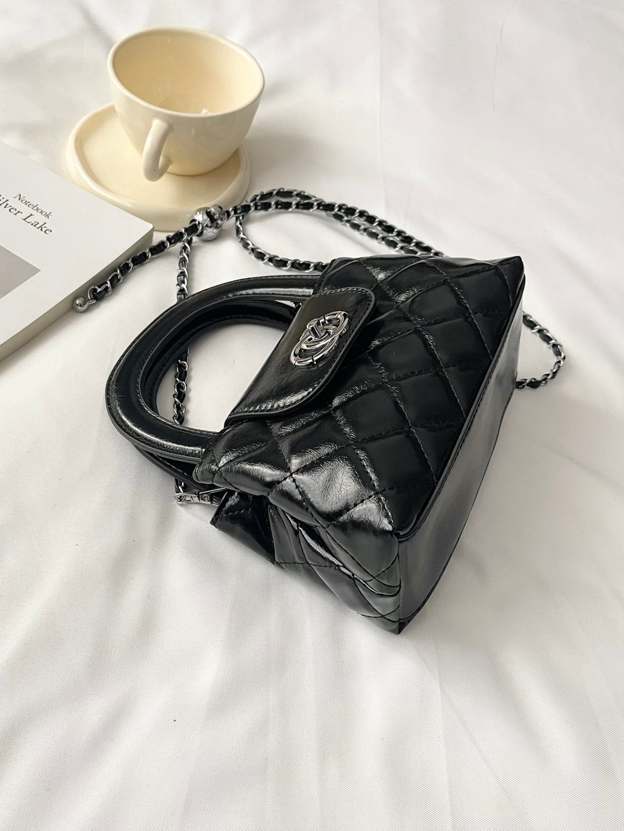 Black Quilted Mini Crossbody Bag with Chain Strap