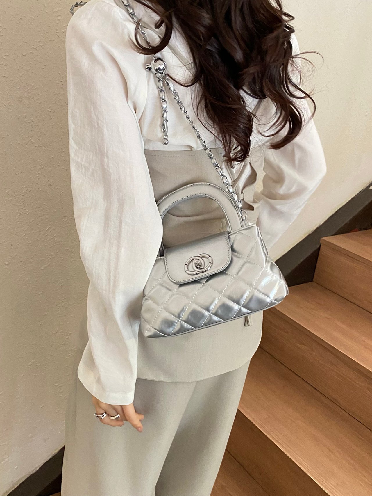 Silver Quilted Mini Crossbody Bag