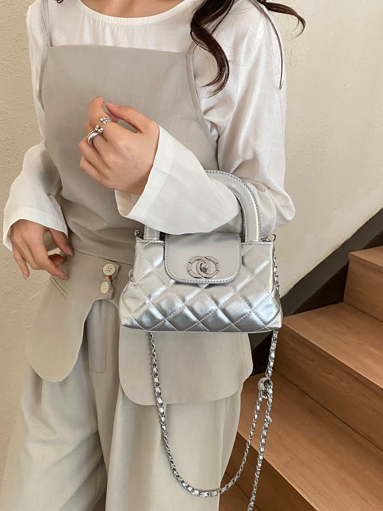 Silver Quilted Mini Crossbody Bag