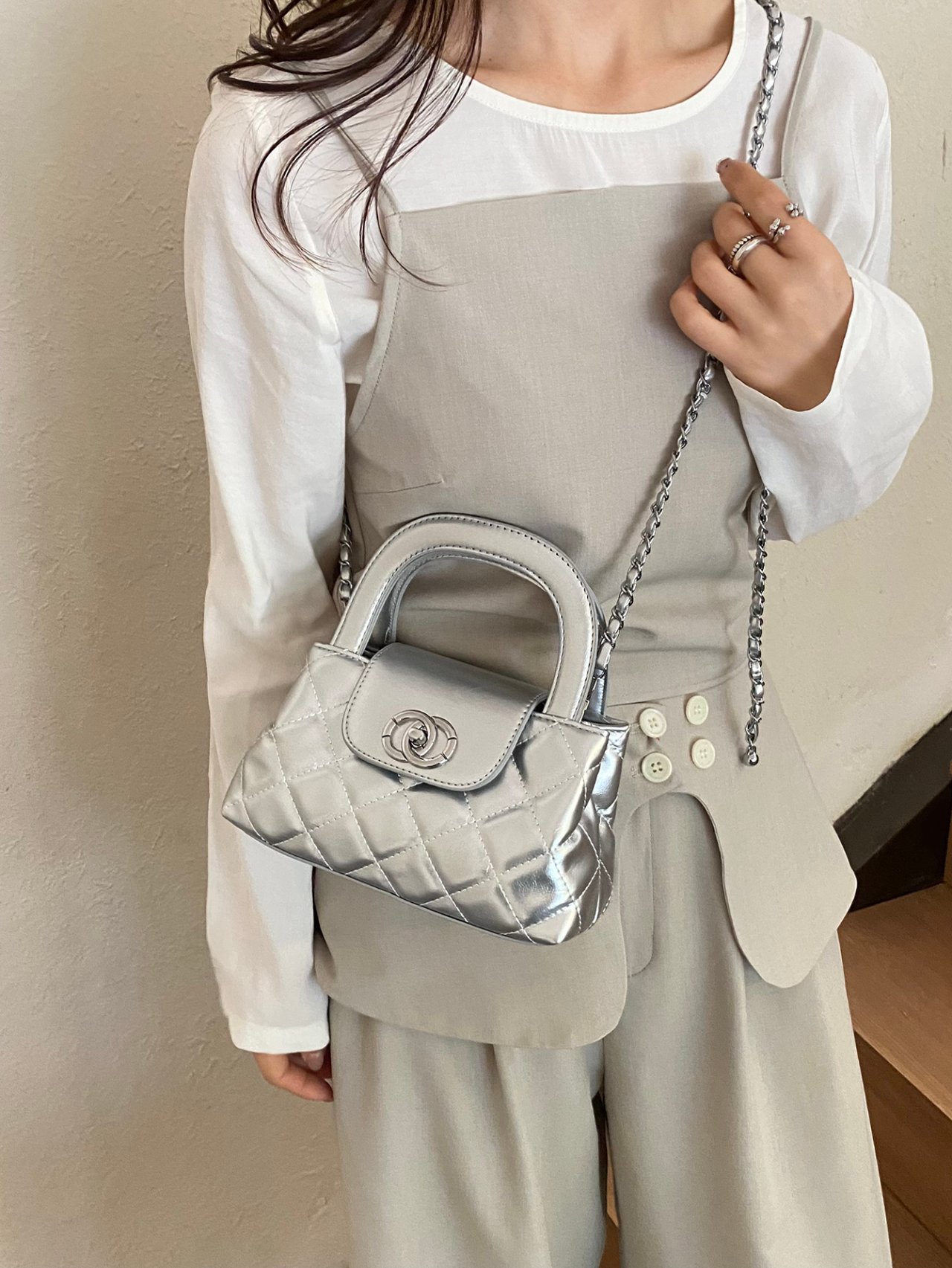 Silver Quilted Mini Crossbody Bag