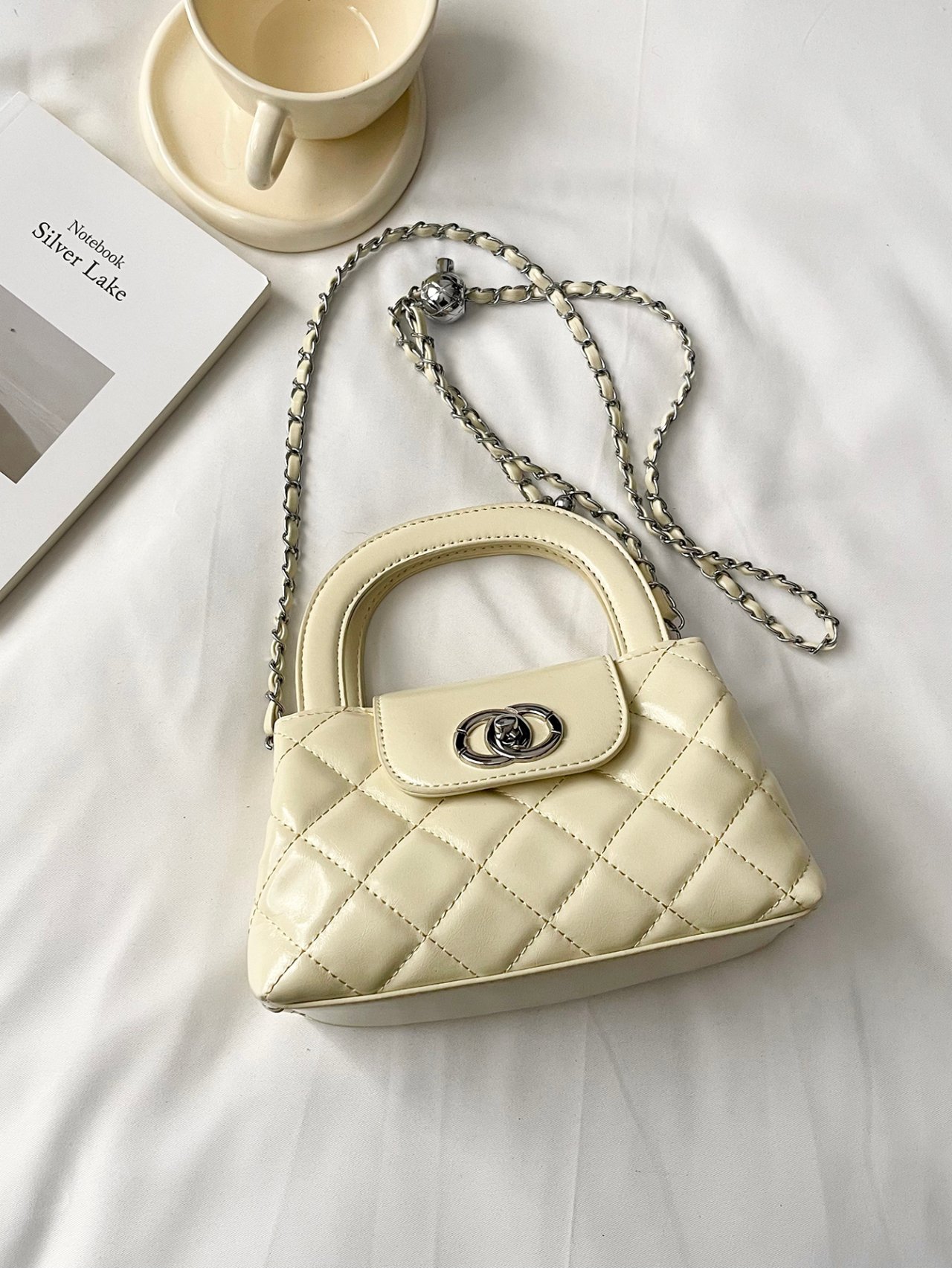 Cream Quilted Mini Crossbody Bag with Chain Strap