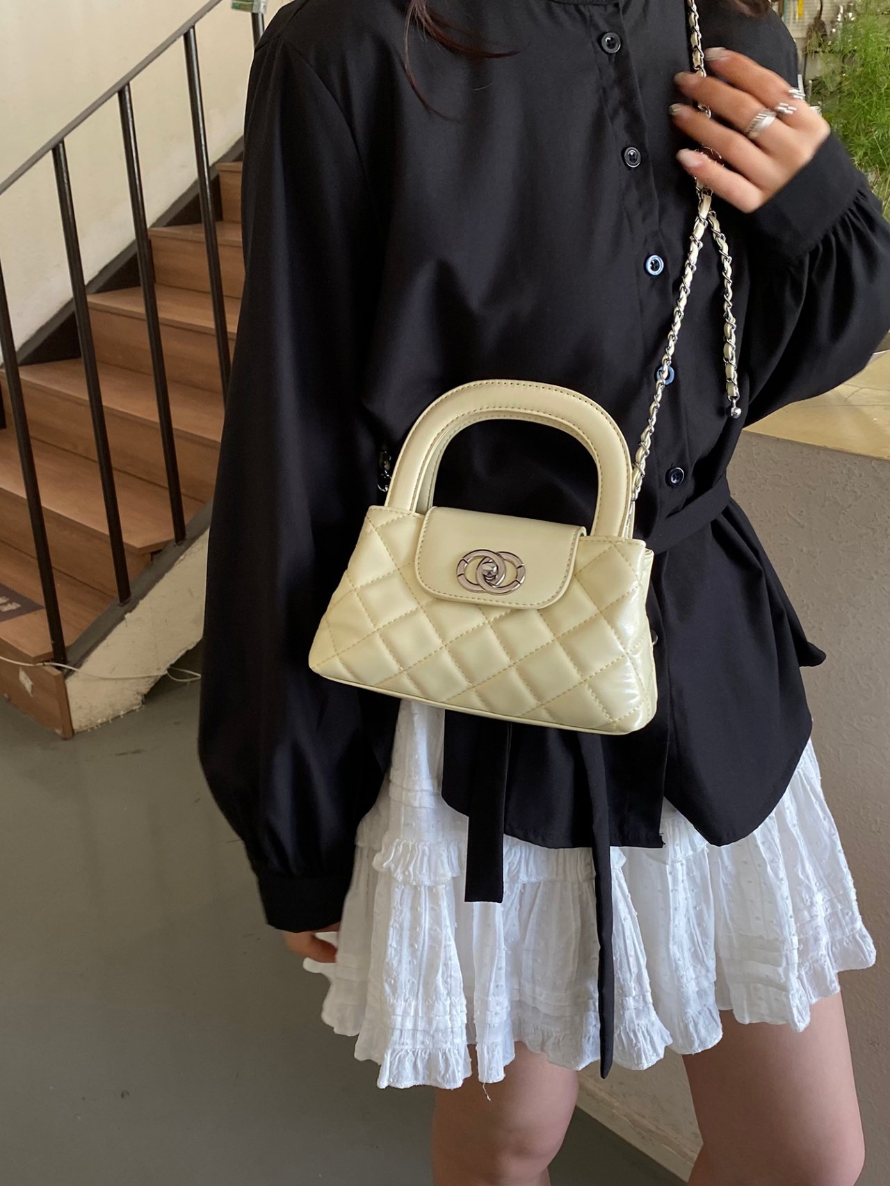 Cream Quilted Mini Crossbody Bag with Chain Strap
