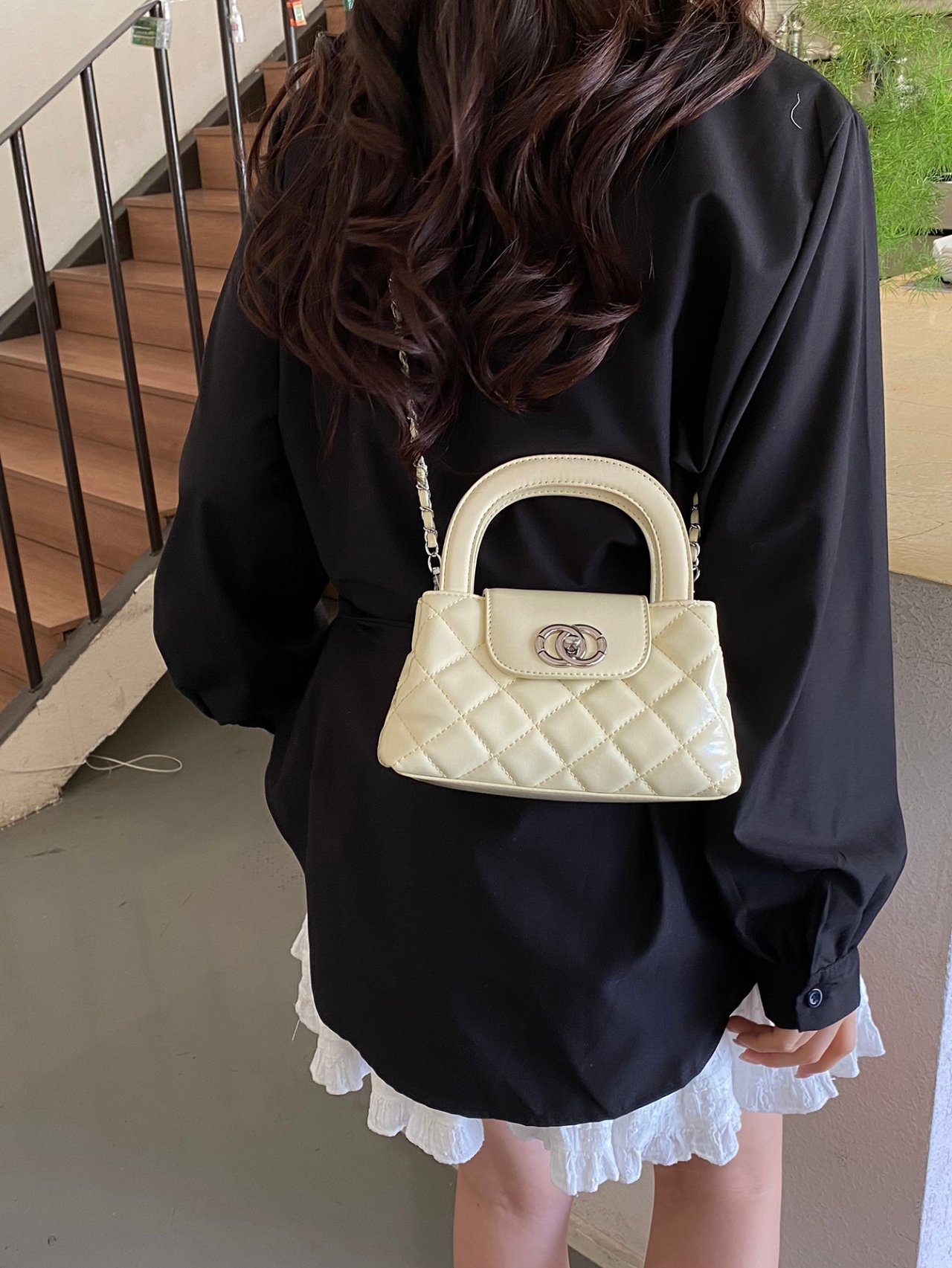 Cream Quilted Mini Crossbody Bag with Chain Strap