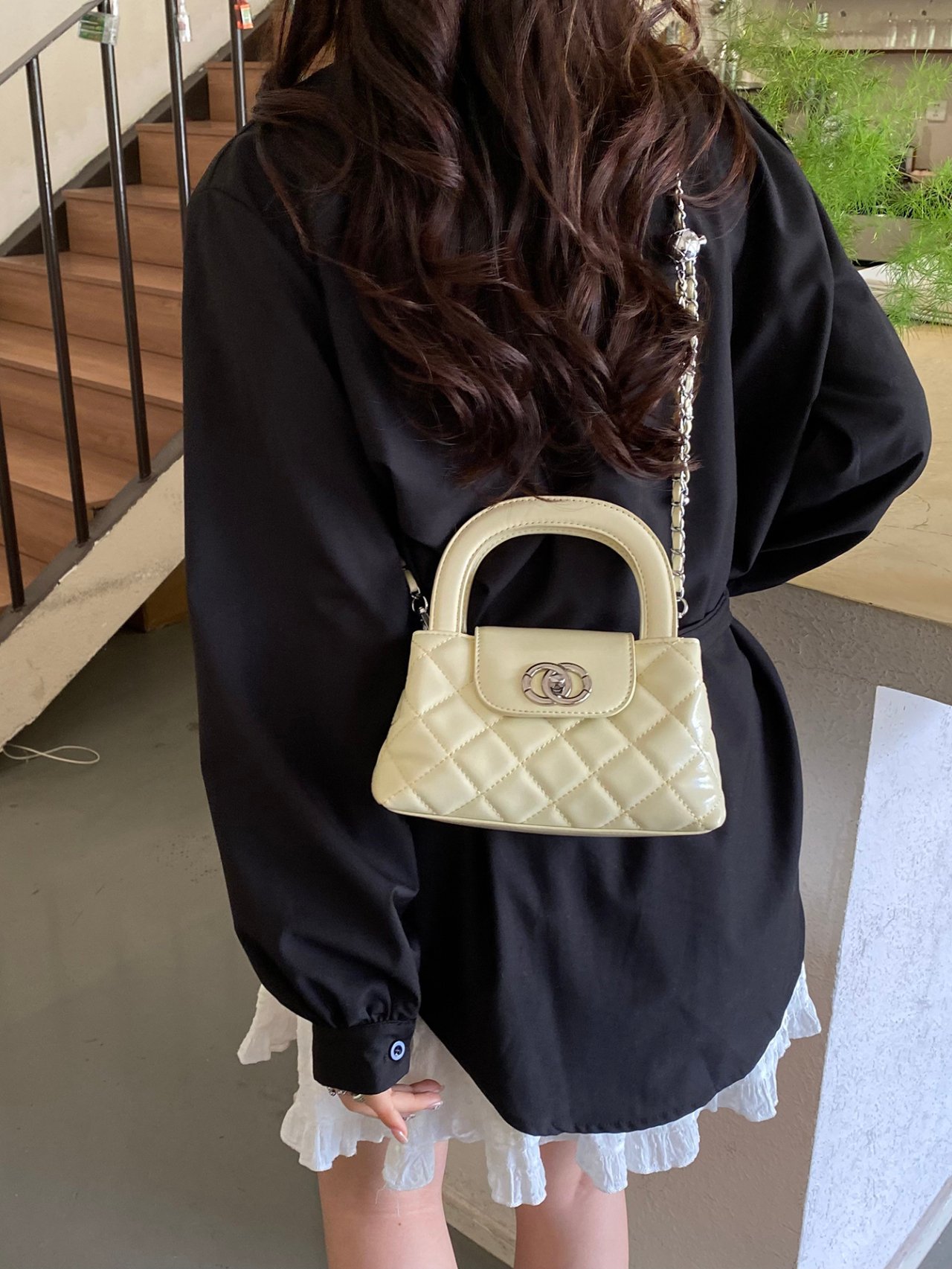 Cream Quilted Mini Crossbody Bag with Chain Strap