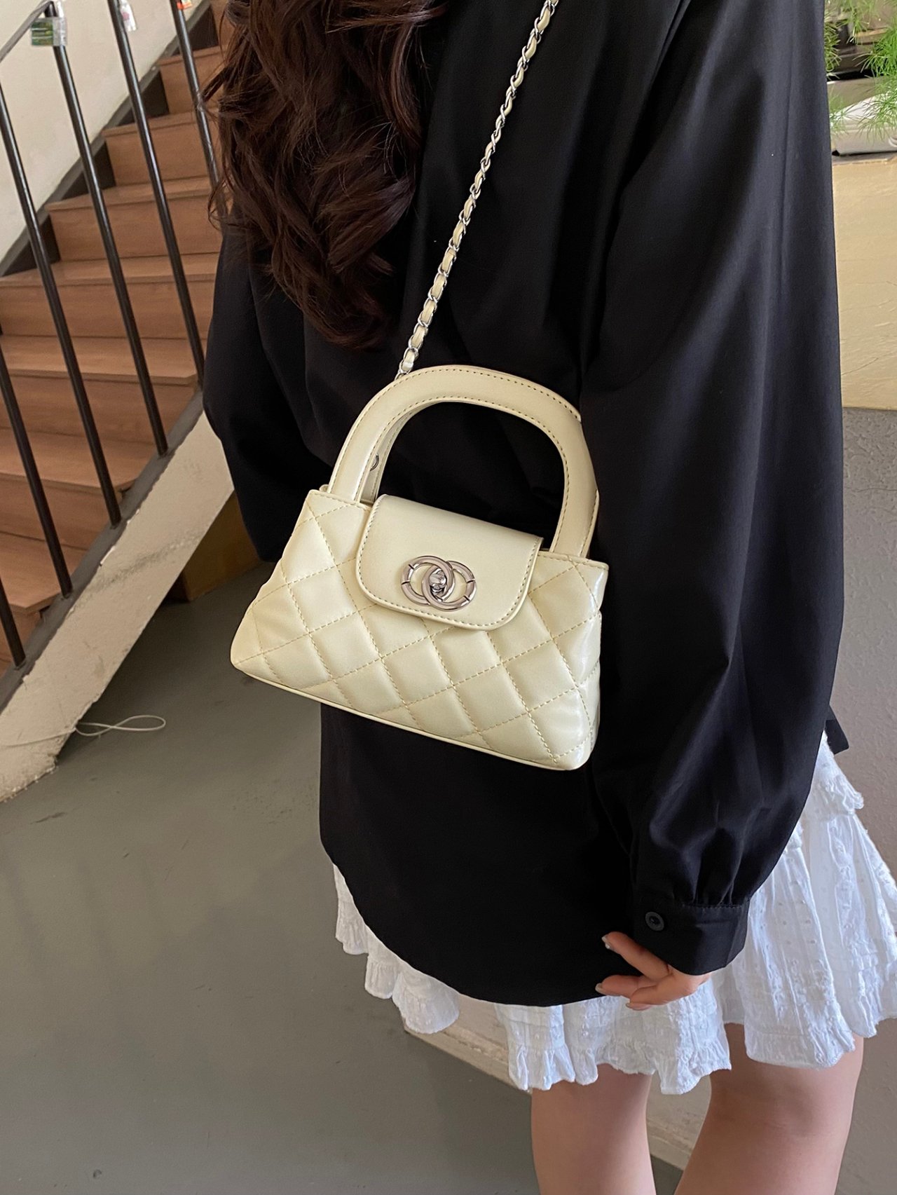 Cream Quilted Mini Crossbody Bag with Chain Strap