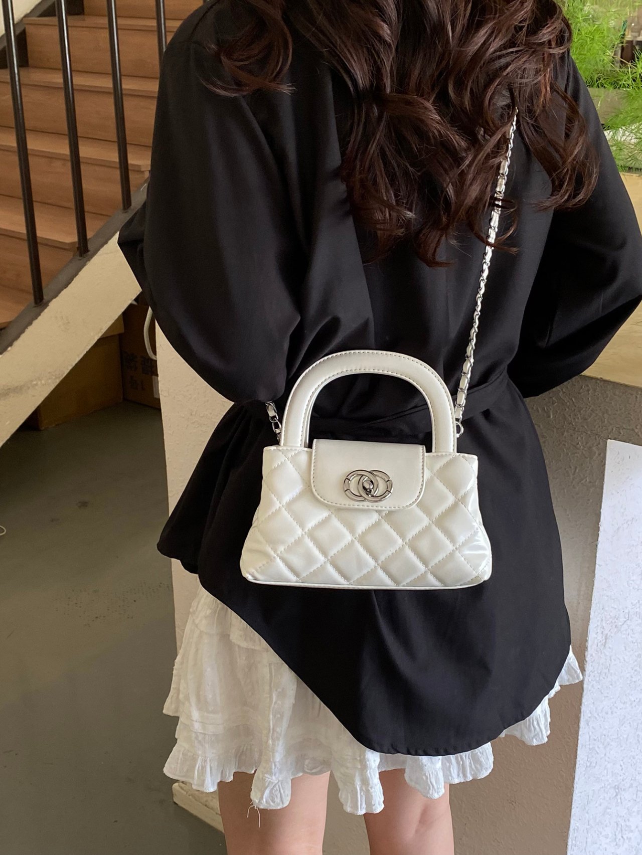 Off-White Quilted Mini Crossbody Bag with Chain Strap