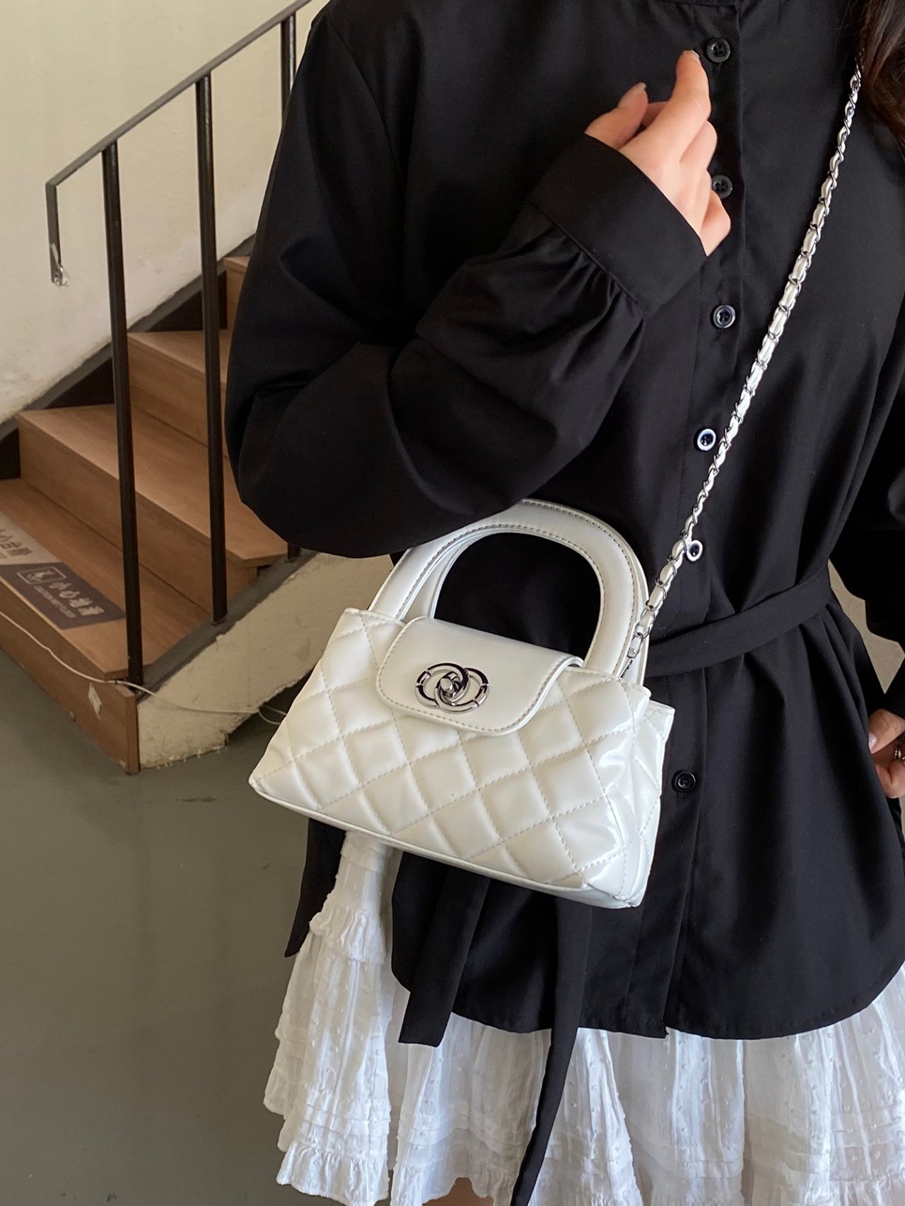 Off-White Quilted Mini Crossbody Bag with Chain Strap