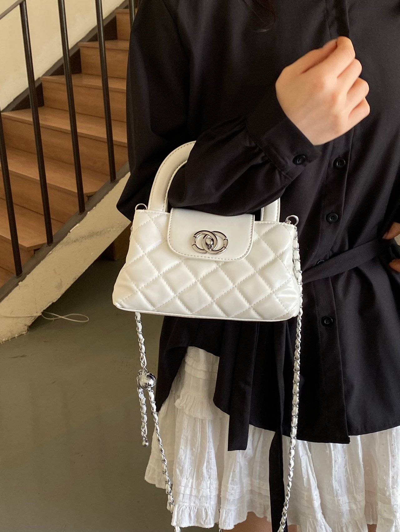 Off-White Quilted Mini Crossbody Bag with Chain Strap