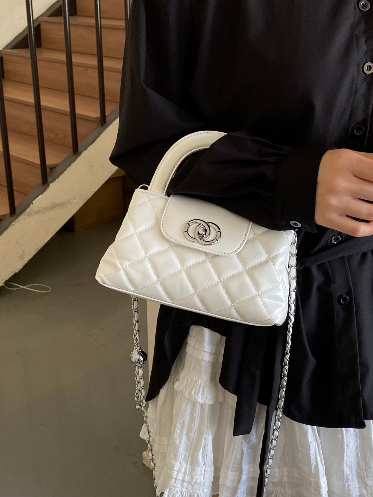 Off-White Quilted Mini Crossbody Bag with Chain Strap