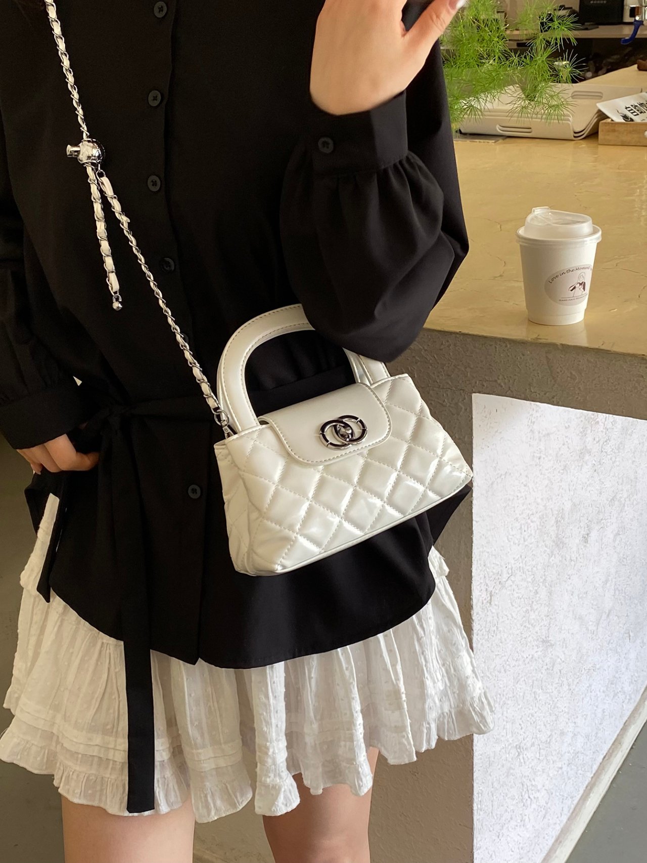 Off-White Quilted Mini Crossbody Bag with Chain Strap
