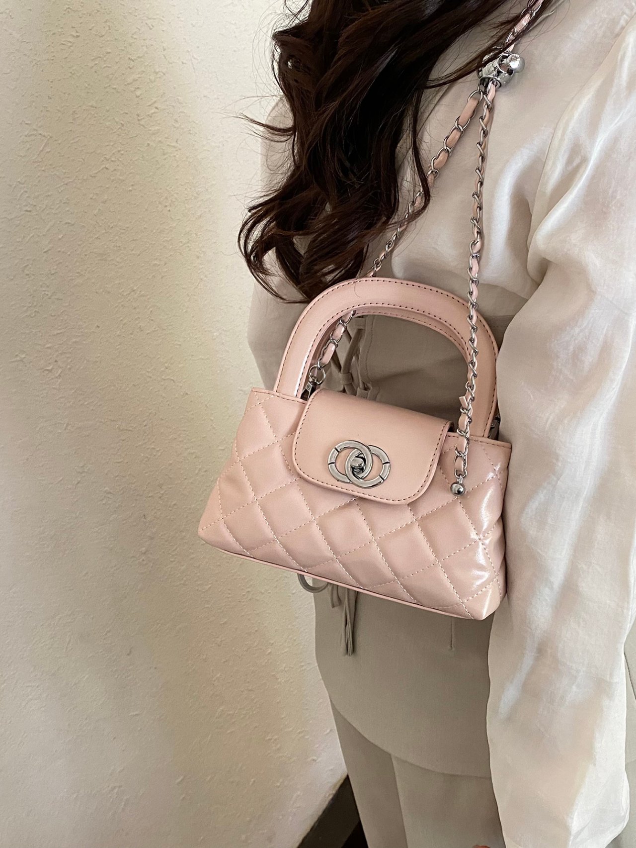 Pink Quilted Mini Crossbody Bag with Chain Strap