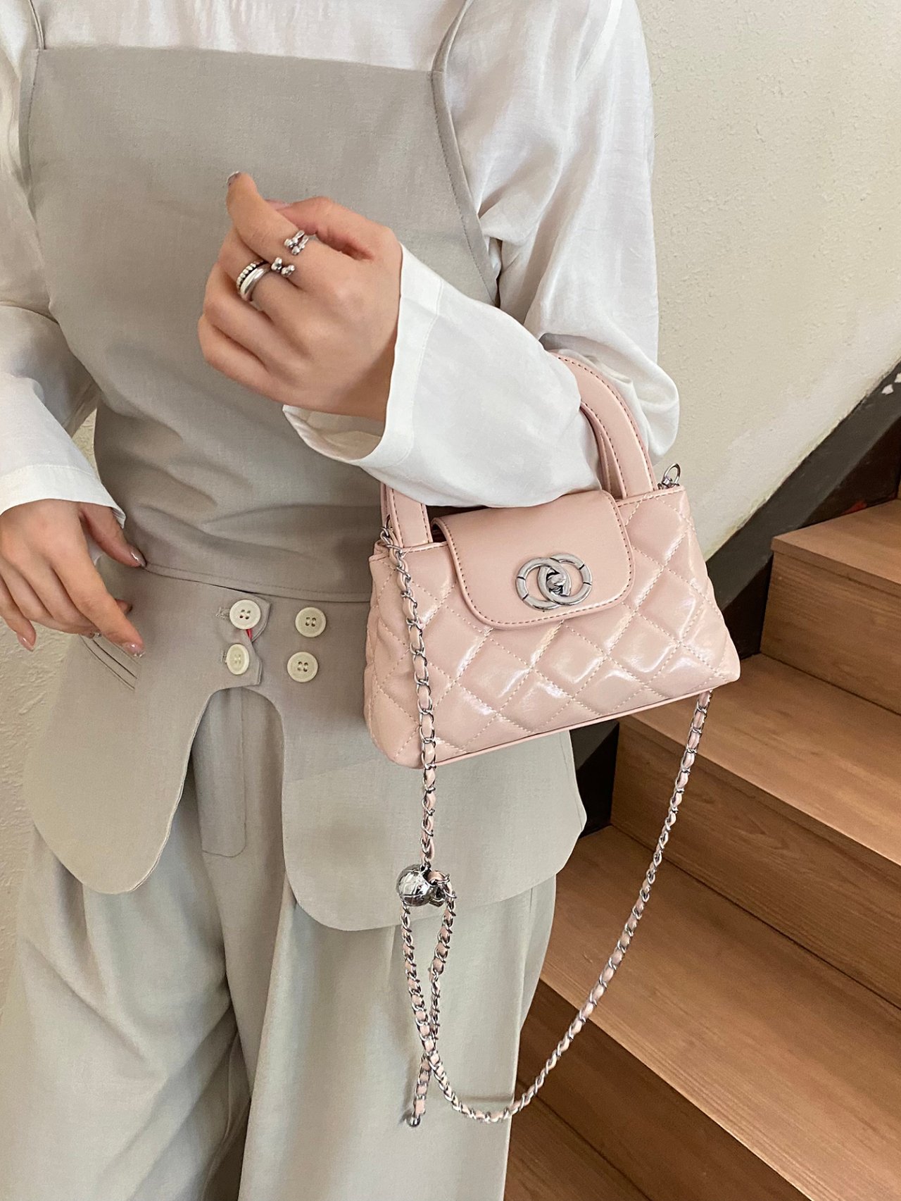 Pink Quilted Mini Crossbody Bag with Chain Strap