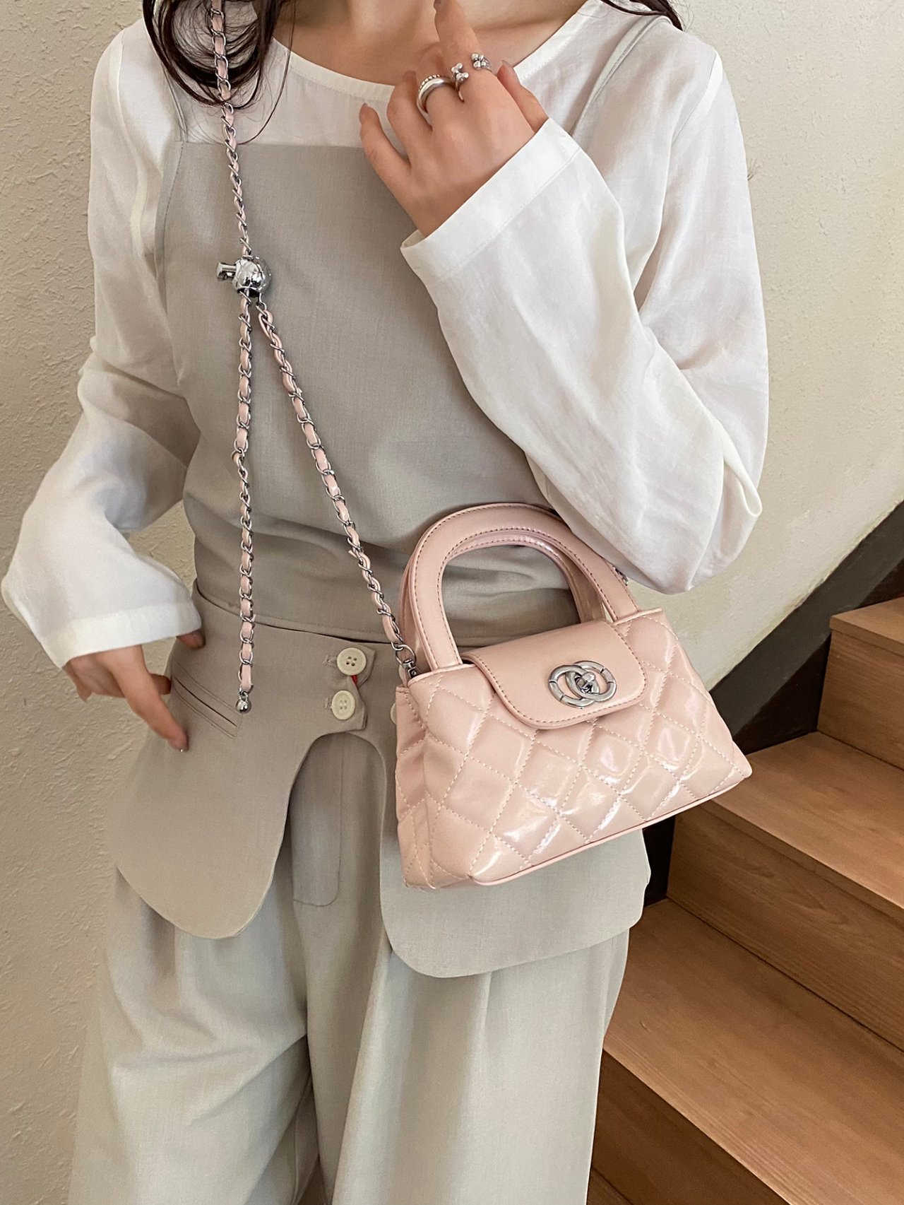 Pink Quilted Mini Crossbody Bag with Chain Strap