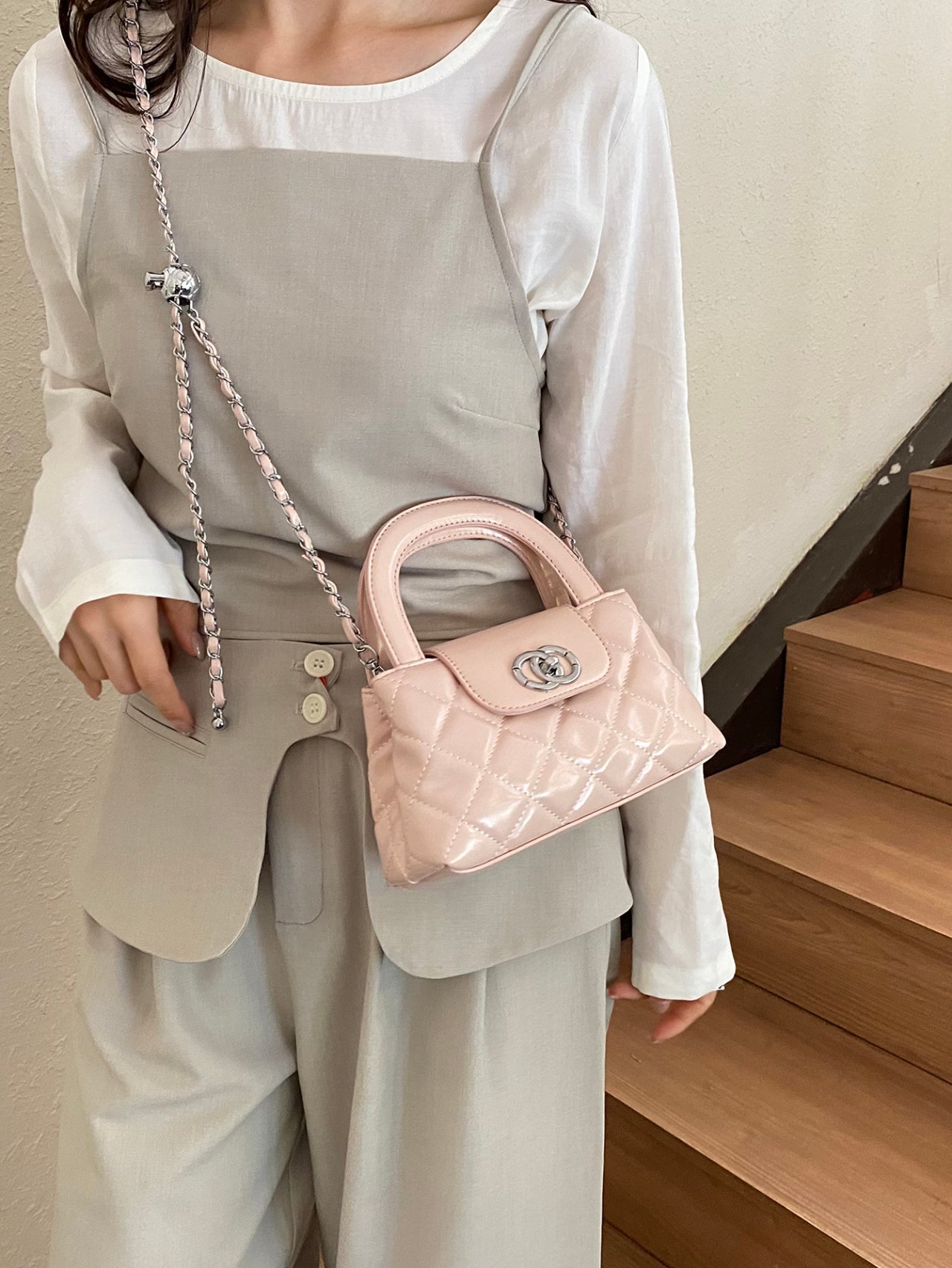 Pink Quilted Mini Crossbody Bag with Chain Strap
