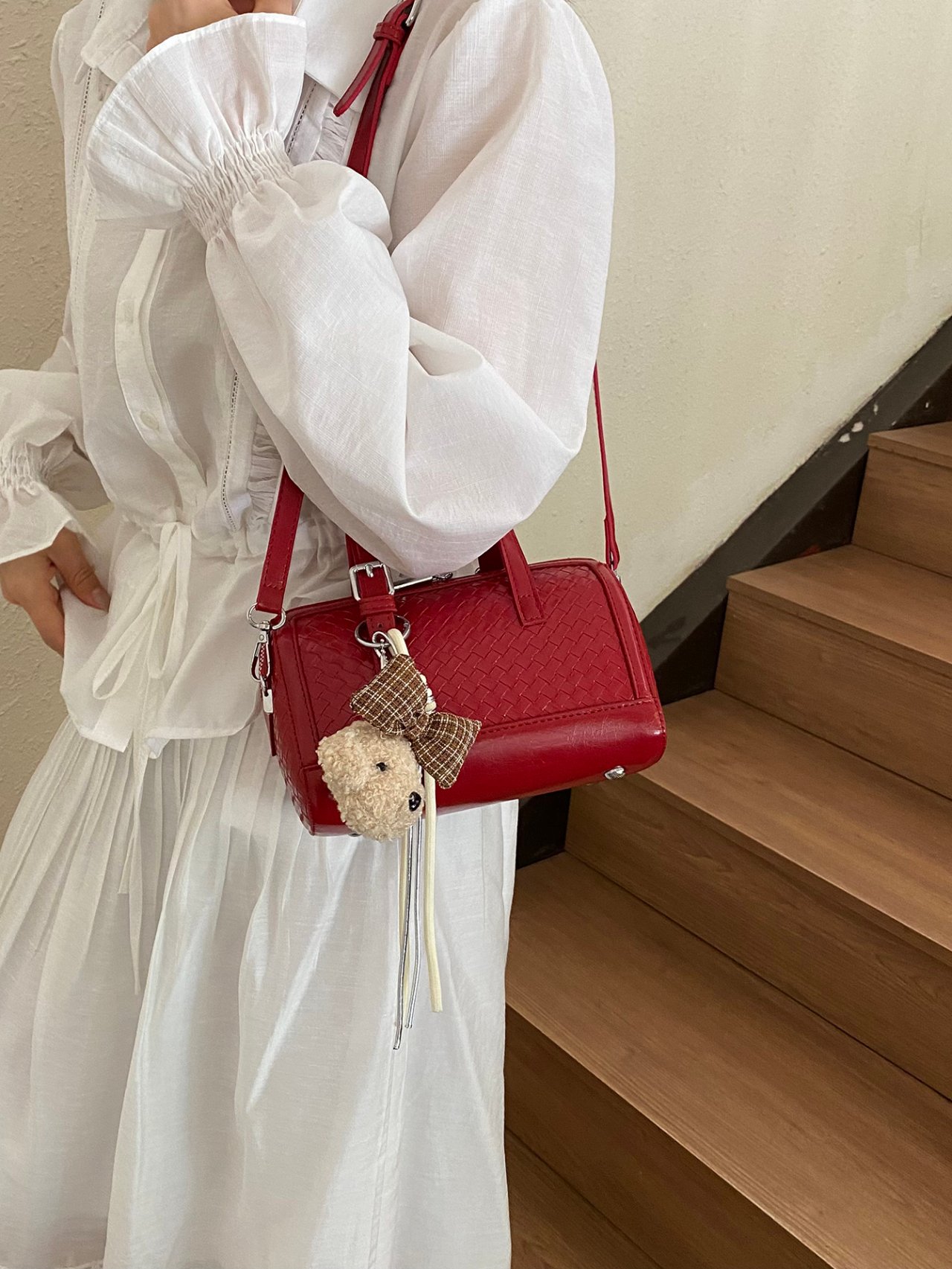 Red Woven Satchel Crossbody Bag