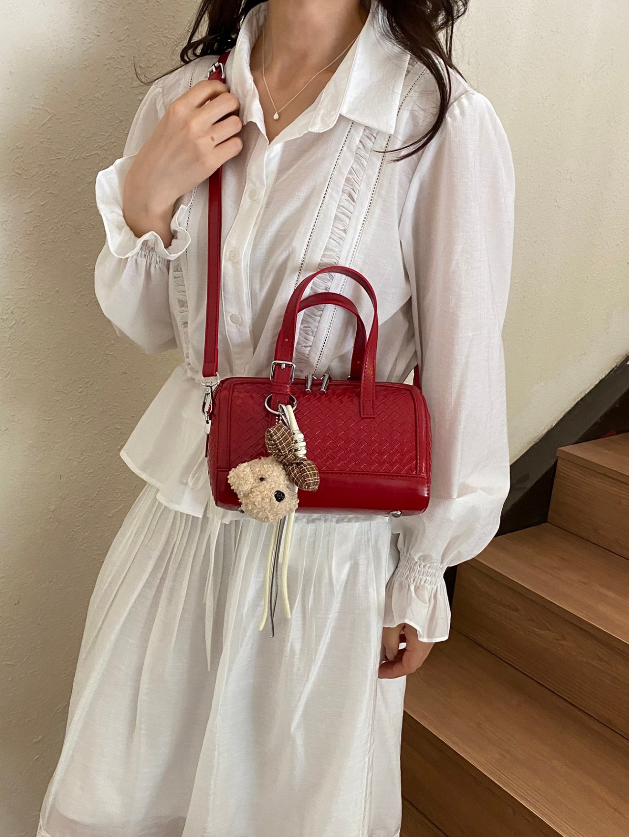 Red Woven Satchel Crossbody Bag
