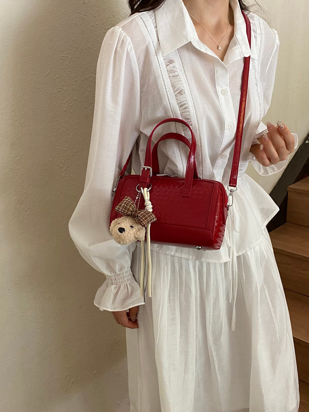 Red Woven Satchel Crossbody Bag