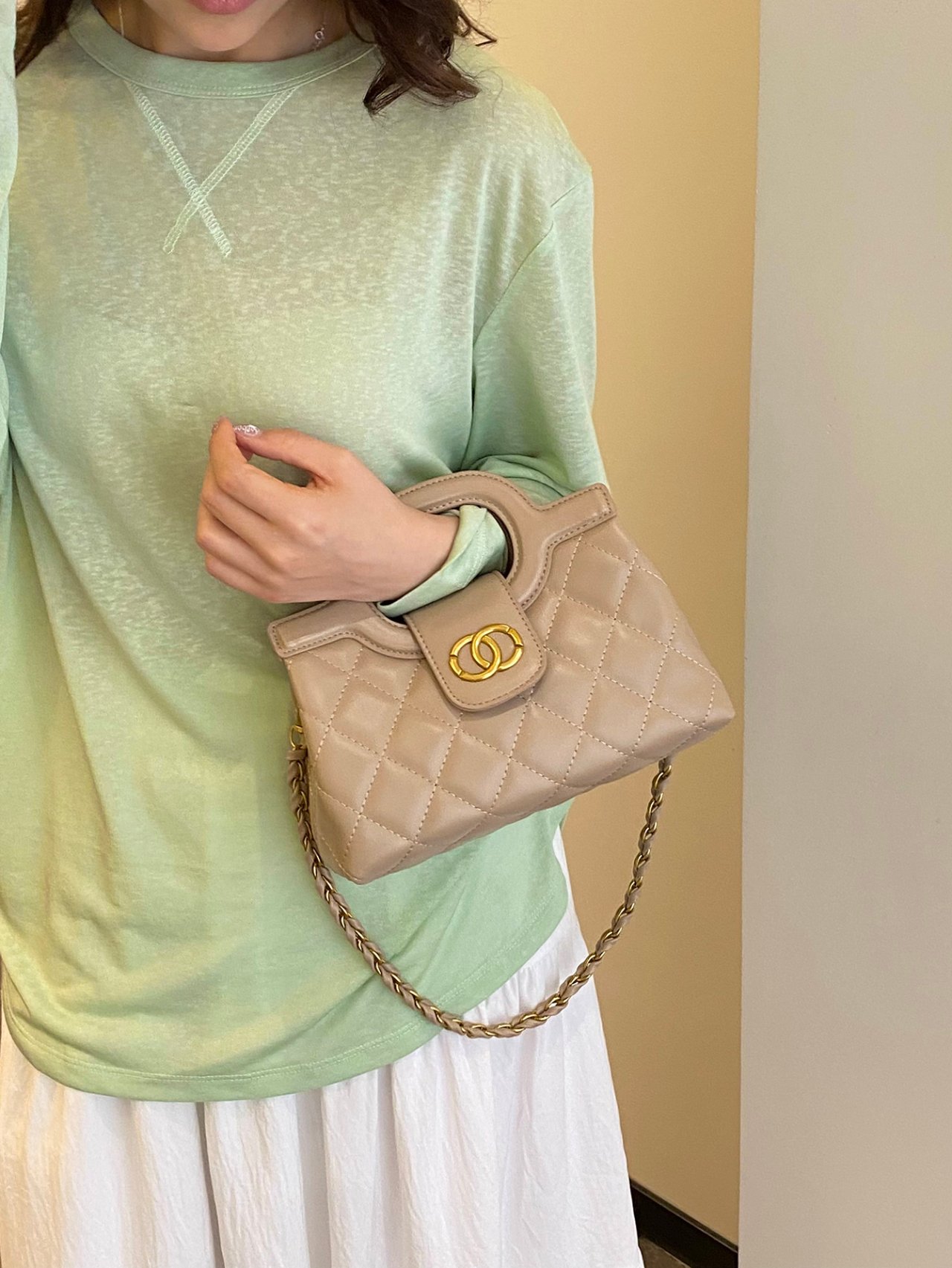 Beige Quilted Crossbody Bag with Chain Strap