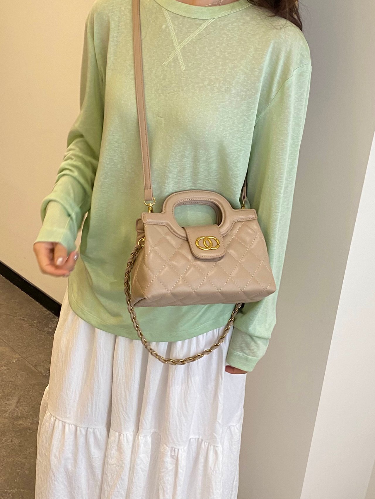 Beige Quilted Crossbody Bag with Chain Strap