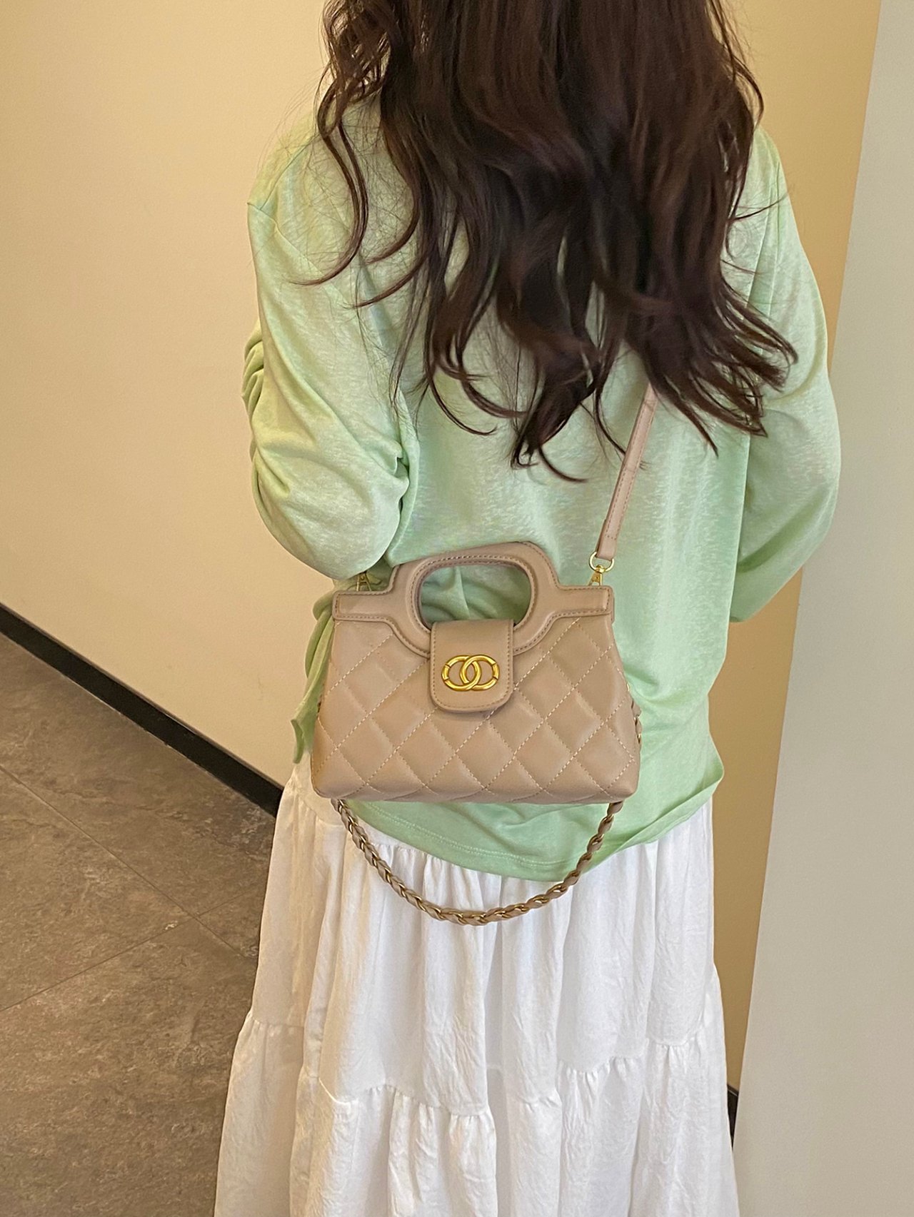 Beige Quilted Crossbody Bag with Chain Strap