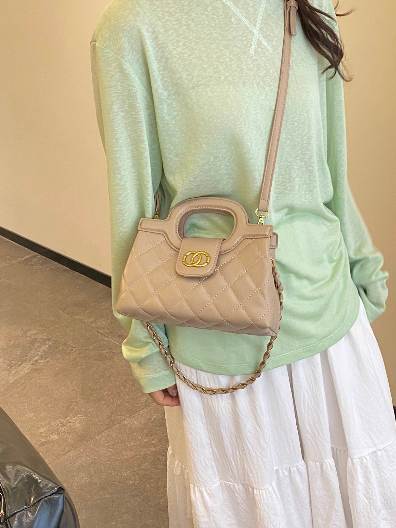 Beige Quilted Crossbody Bag with Chain Strap