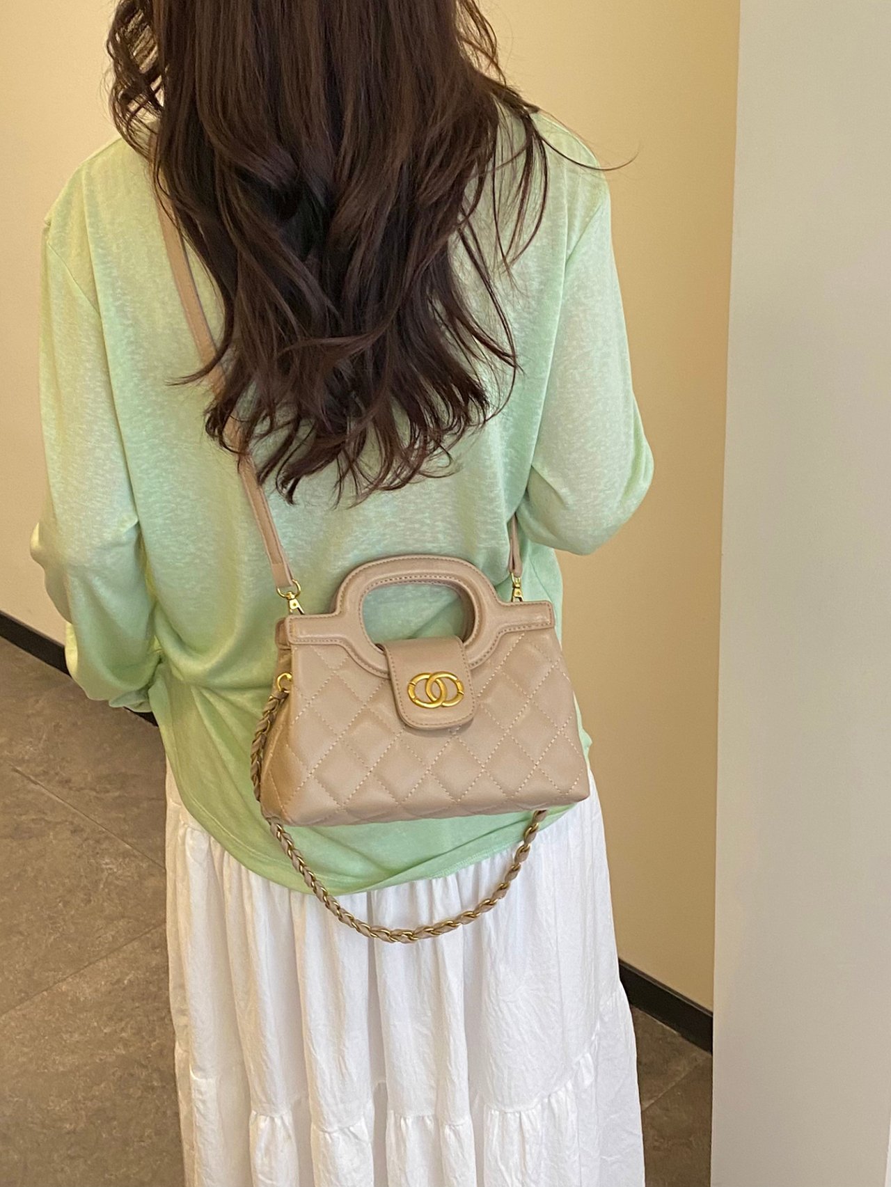 Beige Quilted Crossbody Bag with Chain Strap