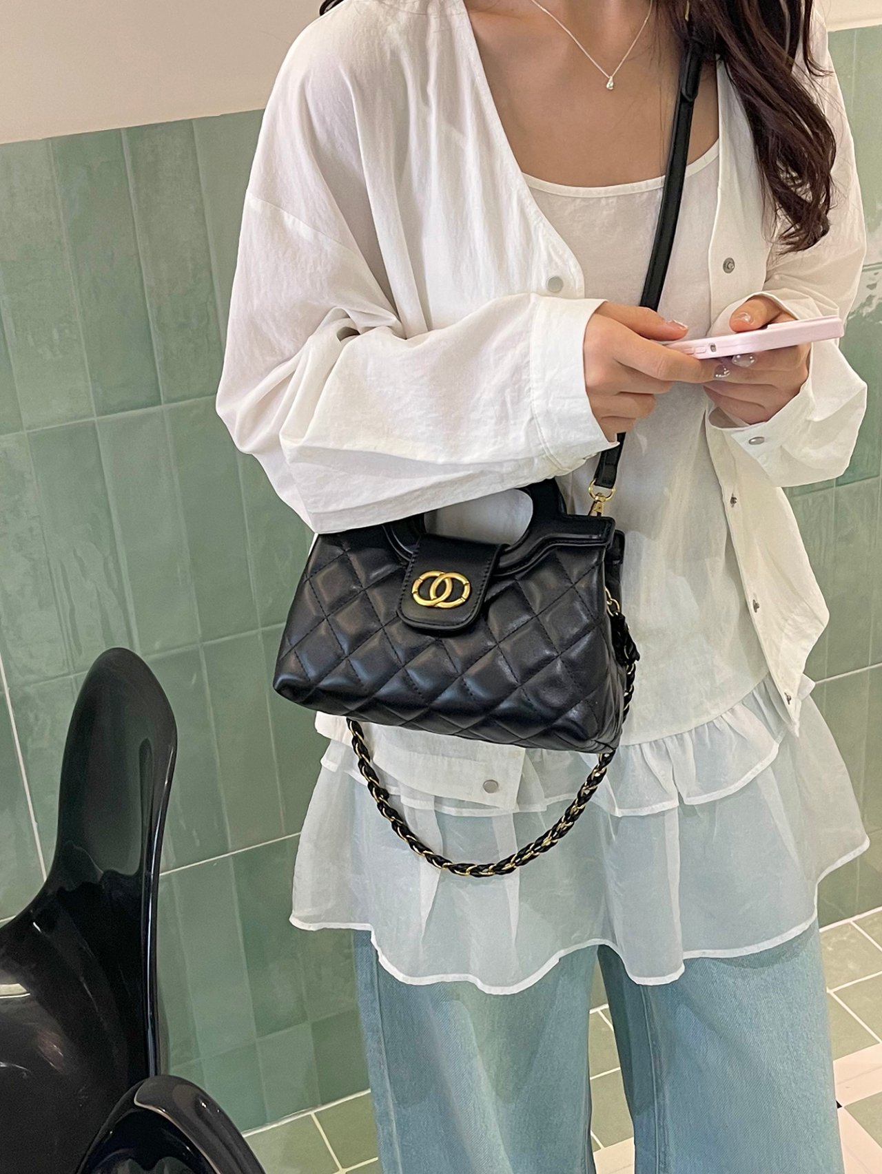 Black Quilted Crossbody Bag with Chain