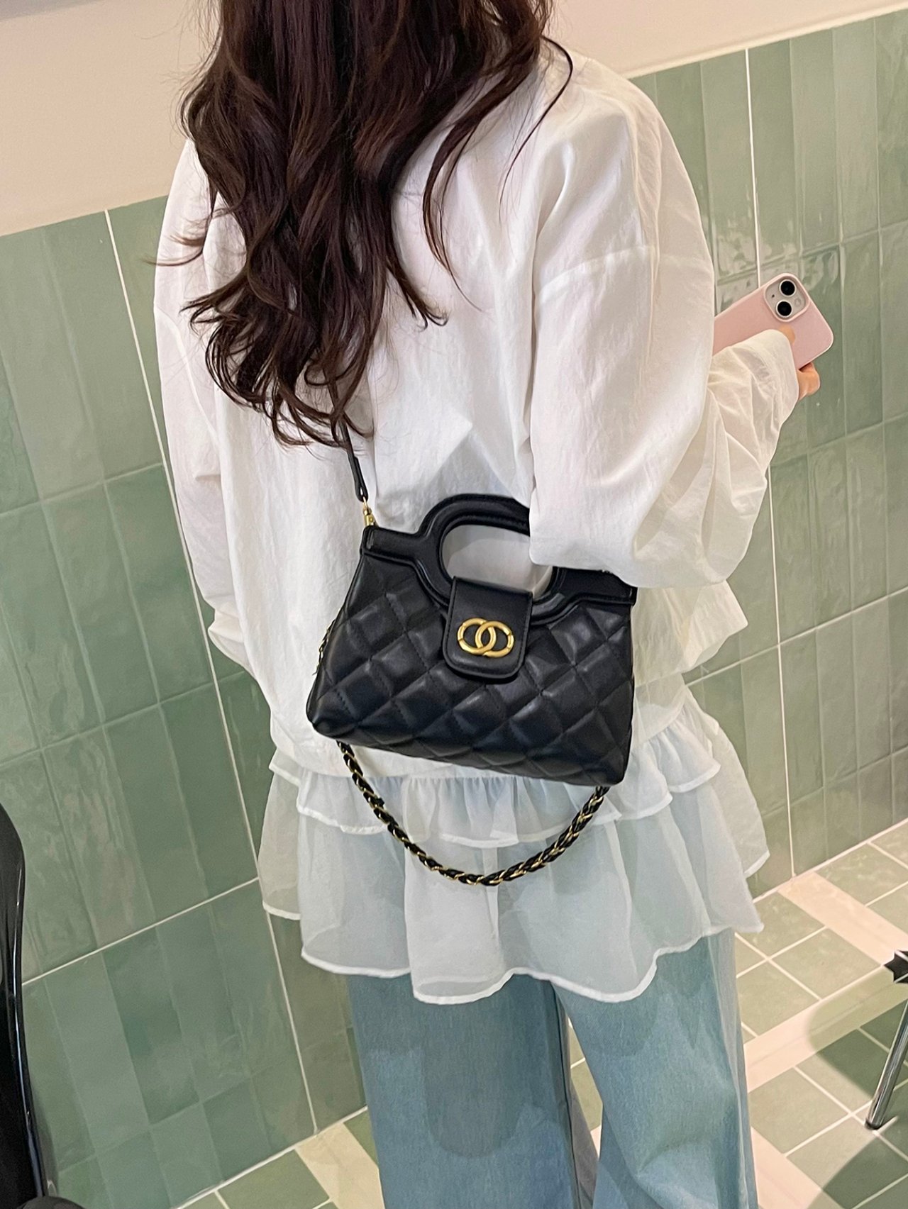 Black Quilted Crossbody Bag with Chain