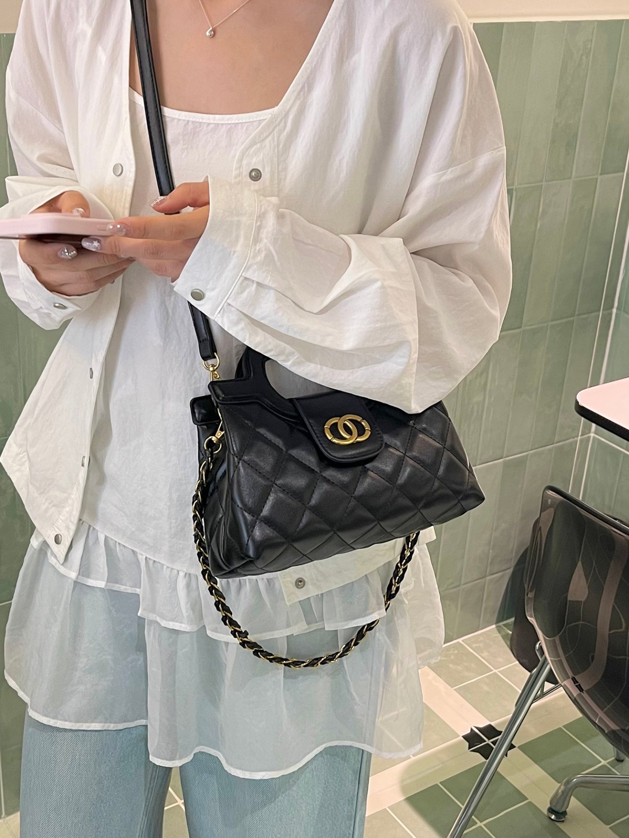Black Quilted Crossbody Bag with Chain